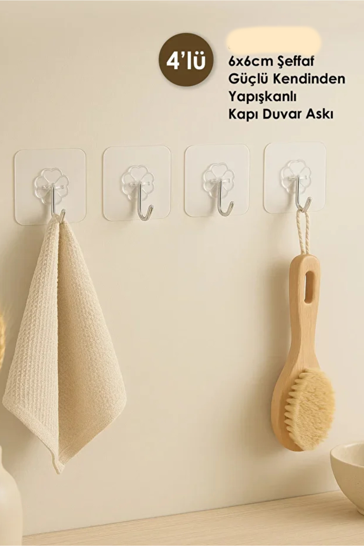 AYGÖREN HOME Pratik 4 Adet 6x6cm Şeffaf Güçlü Kendinden Yapışkanlı Kapı Duvar Askıları Güçlü Ağır Yük Taşıma Askı