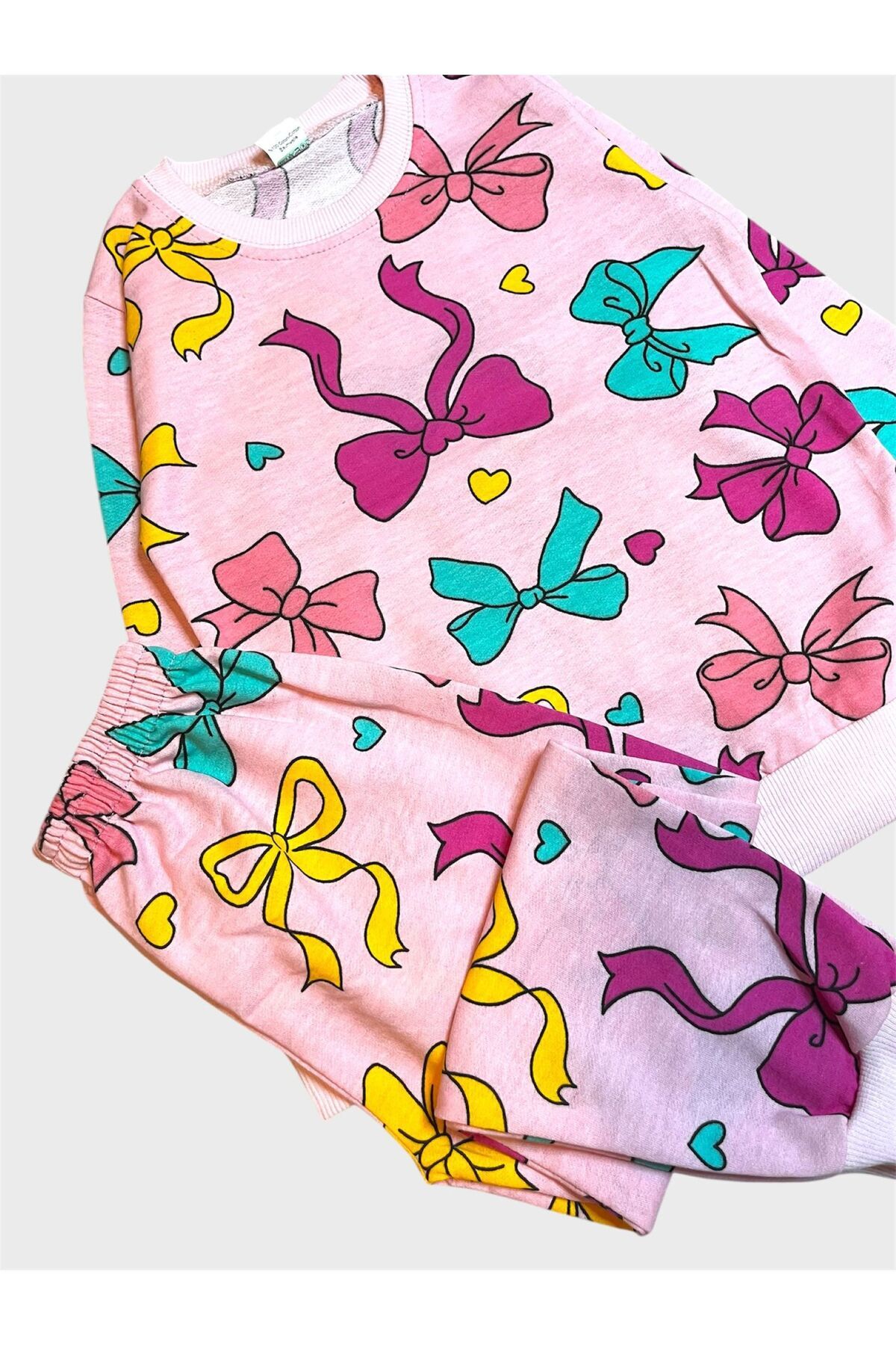 ALİŞ KİDS Kız Çocuk Pamuklu Şardonlu Pembe Kurdele Desenli Uzun Kollu Pijama Takımı fotoğrafı 3 (önizleme)