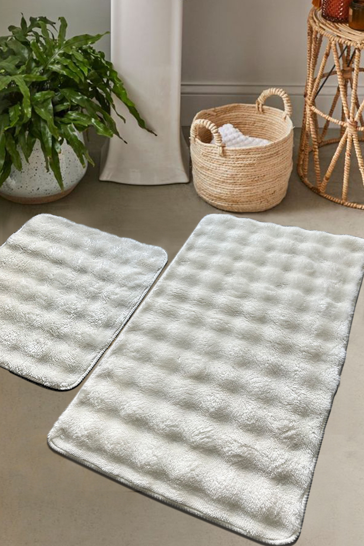 Chilai Home-Fluffy Ecru Non-Slip Base Bubble Plush Bath Mat Washable 1