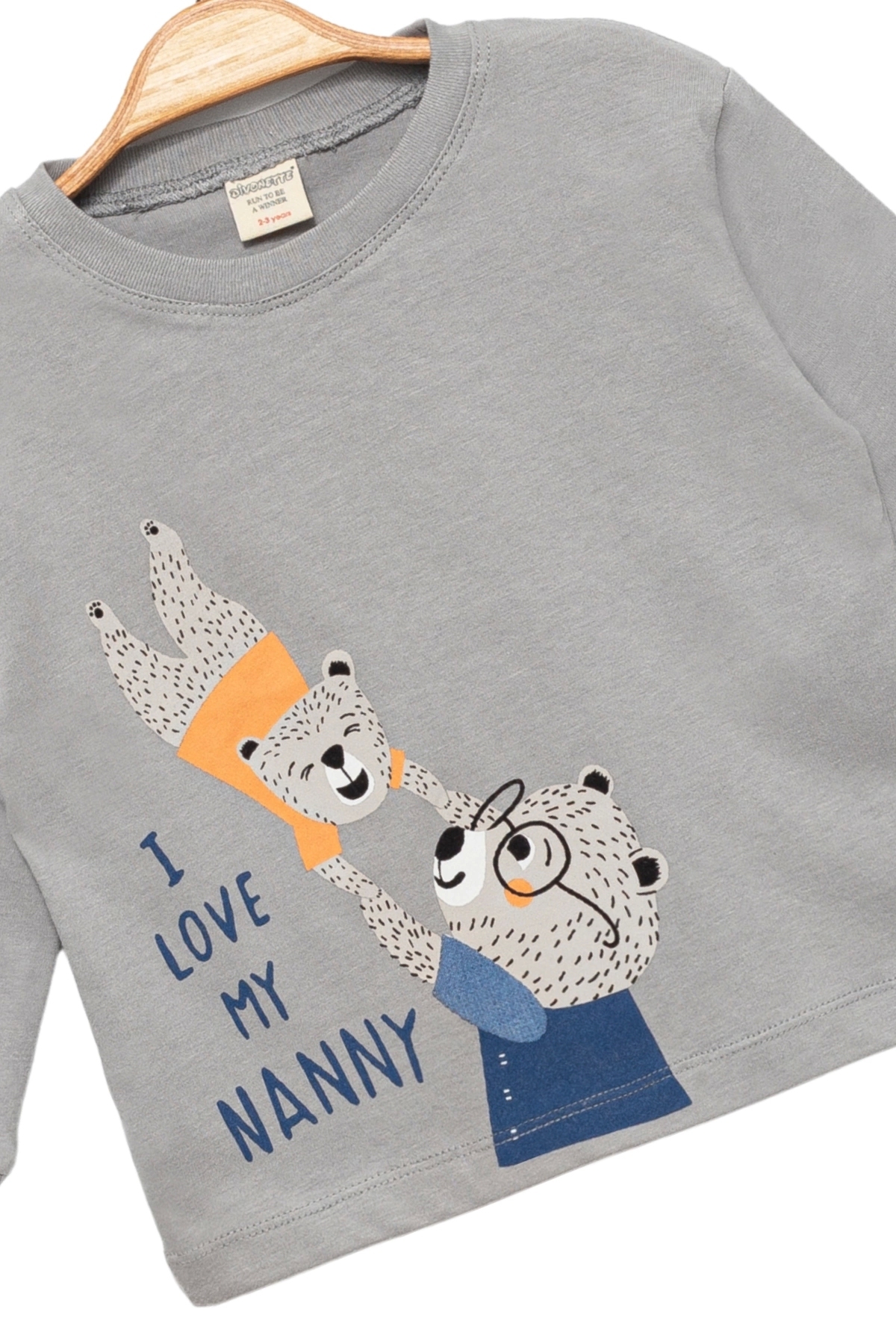 Divonette Kız Erkek Çocuk İnce Mevsimlik %100 Pamuk Uzun Kollu Ayıcık Desenli Unisex Gri T-shirt fotoğrafı 3 (önizleme)