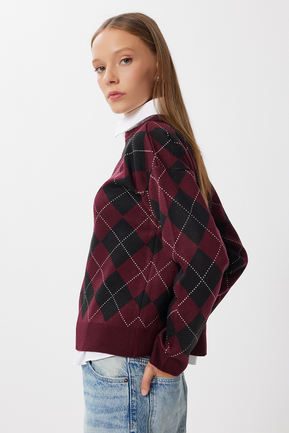 Lovelyİstanbul Baklava Desenli Triko Kazak LMU0003 BORDO SİYAH görsel 3