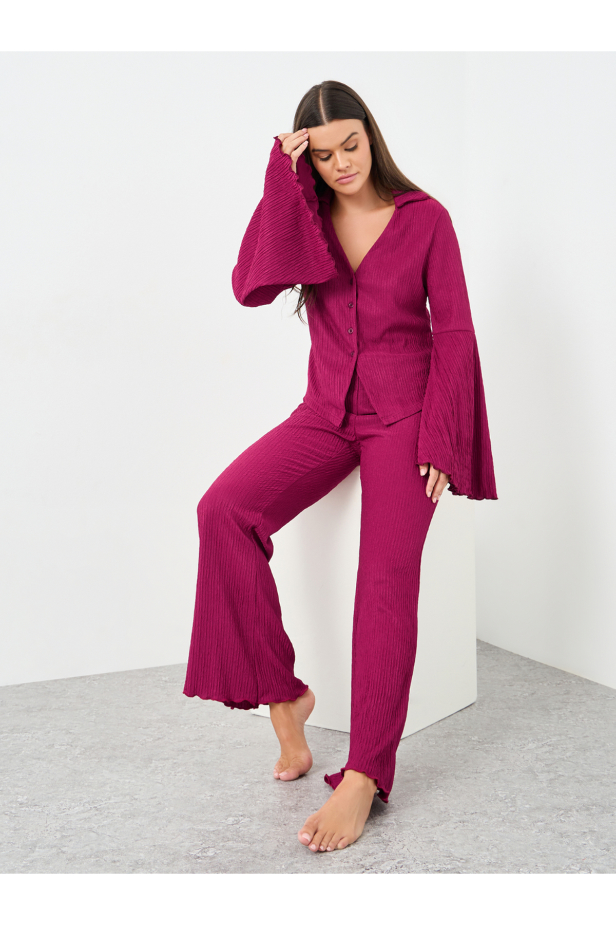 Styli Textured Flared Sleeve Shirt and Pyjama Set