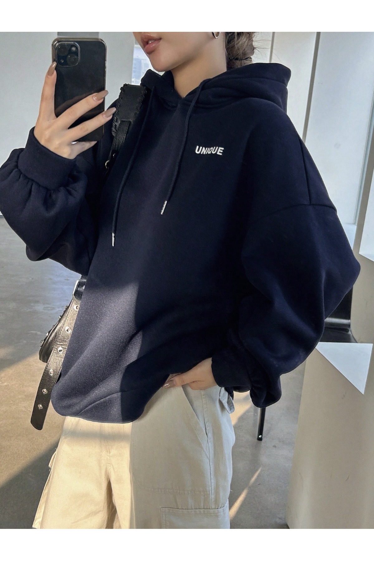 COHERENT Yeni Sezon - Unisex Kadın/Erkek UNIQUE Özel Baskılı Renkli Oversize KAPÜŞONLU Pamuklu Sweatshirt görsel 3