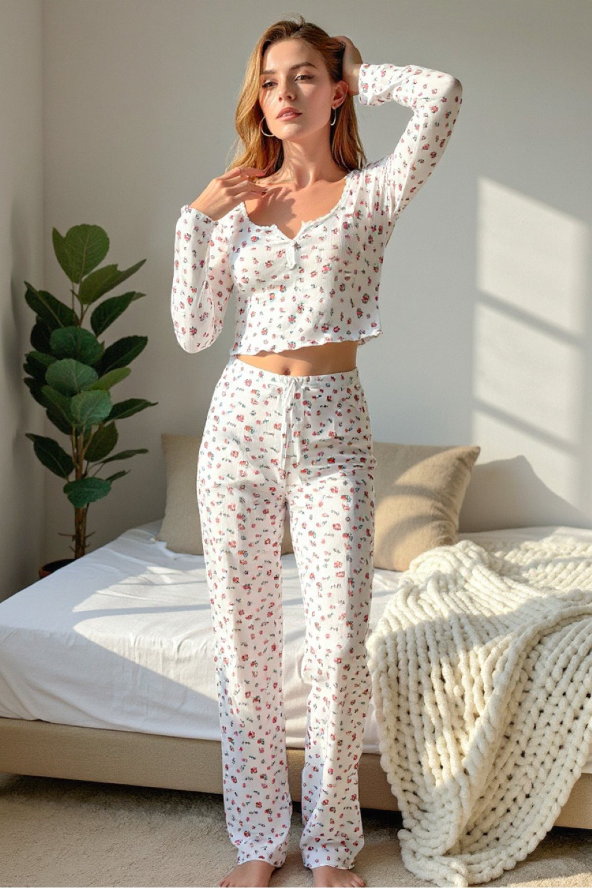 BELLA NOTTE Довгорукавний комплект піжами з бавовняно-віскозної тканини з квітковим принтом