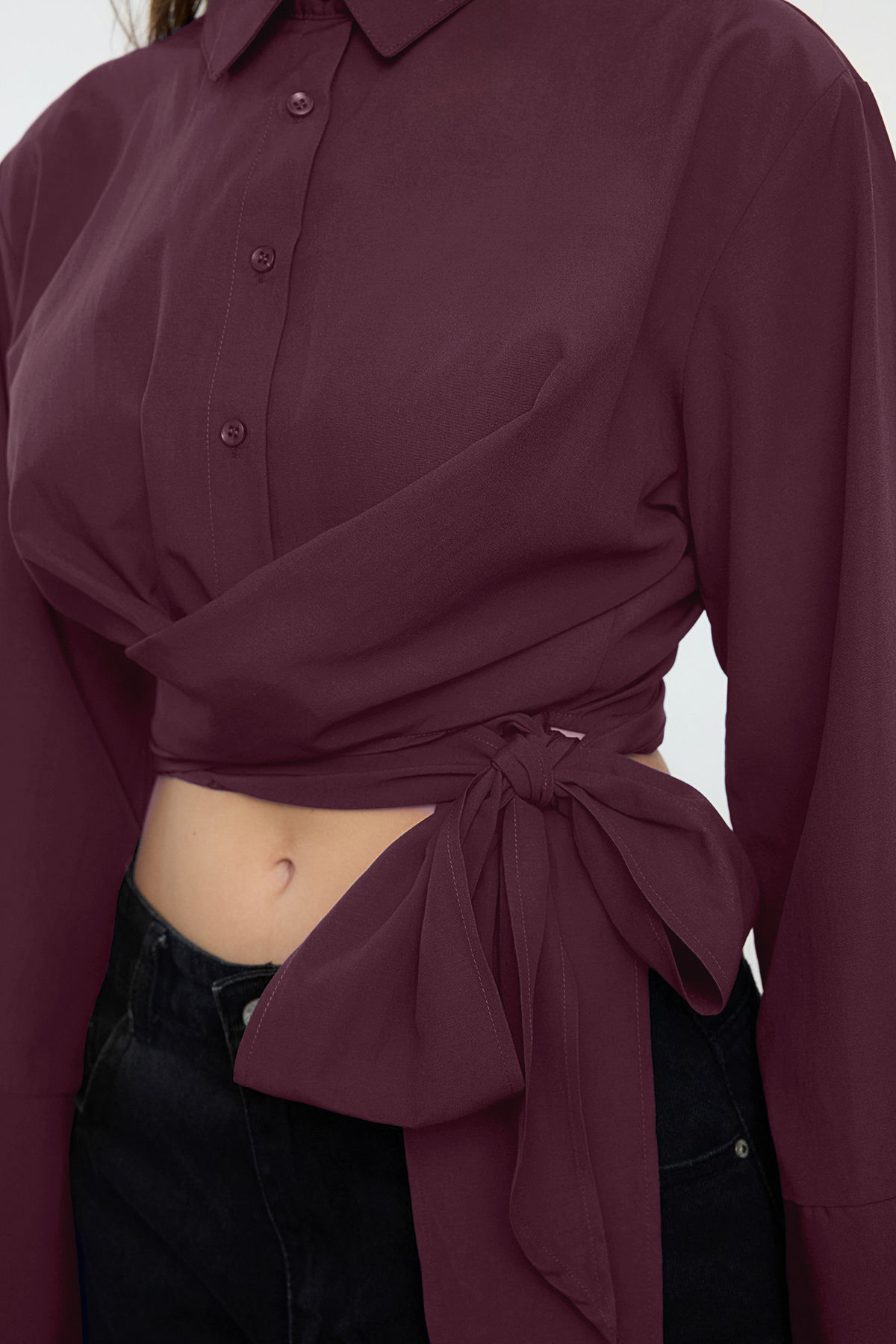 Trendyolmilla  Mürdüm Bağlama Detaylı Regular Normal Kalıp Dokuma Gömlek TWOAW25GO00067 - Görsel 3