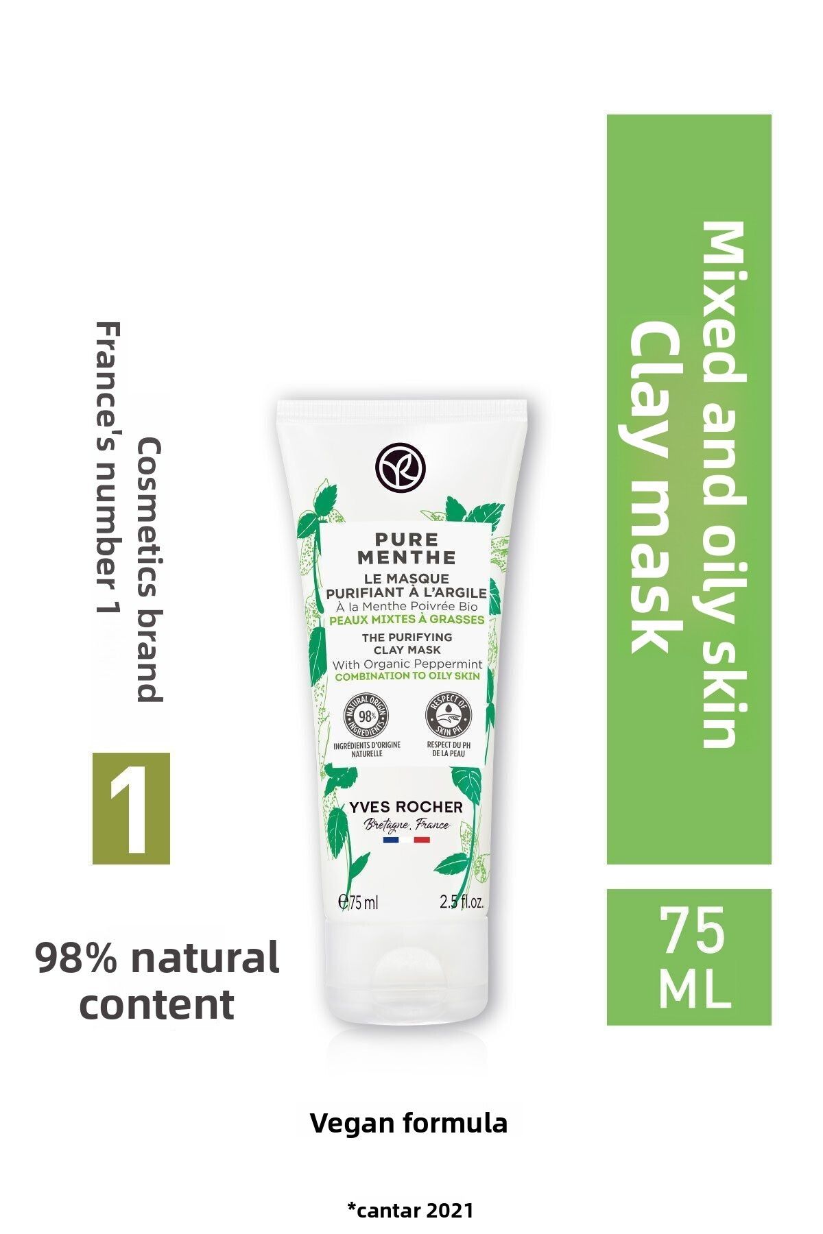 Yves Rocher-Purifying, Cleansing, Mattifying Prebiotic Clay Mask for Combination and Oily Skin-Pure Menthe-75Ml 1