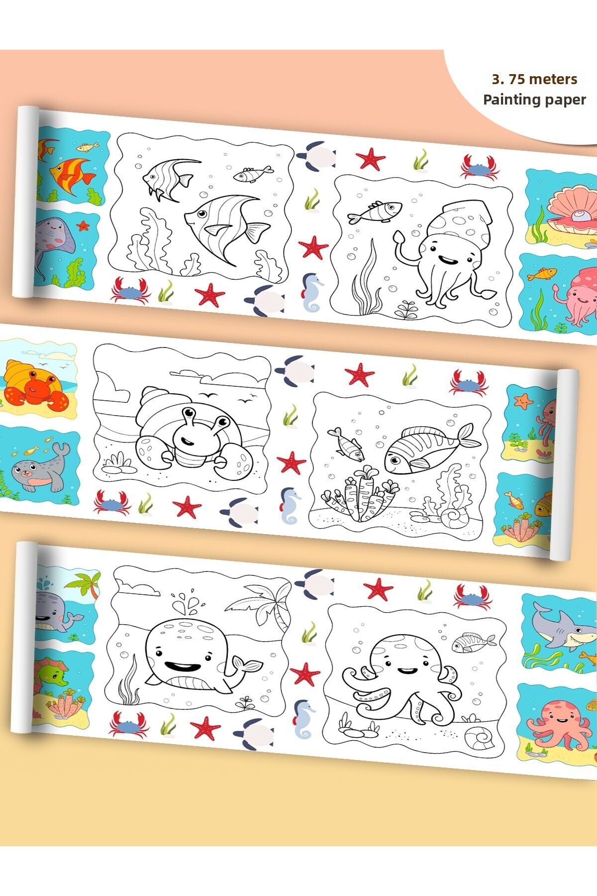 کاغذ رنگی نمونه‌ای مصور با طرح حیوانات دریایی، رول ۳.۷۵ متری