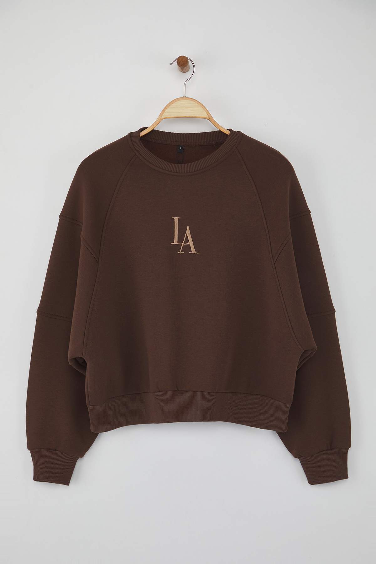 Trendyolmilla  Kahverengi Bisiklet Yaka Regular Fit Nakışlı Kalın İçi Polarlı Örme Sweatshirt TWOAW24SW00199 - Görsel 5