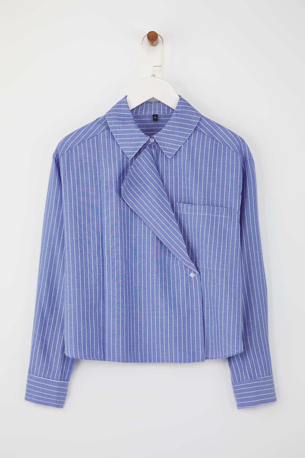 Trendyolmilla  Mavi-Çok Renkli Ceket Yaka Oversize Çizgili Dokuma Gömlek TWOAW26GO00020 - Görsel 5