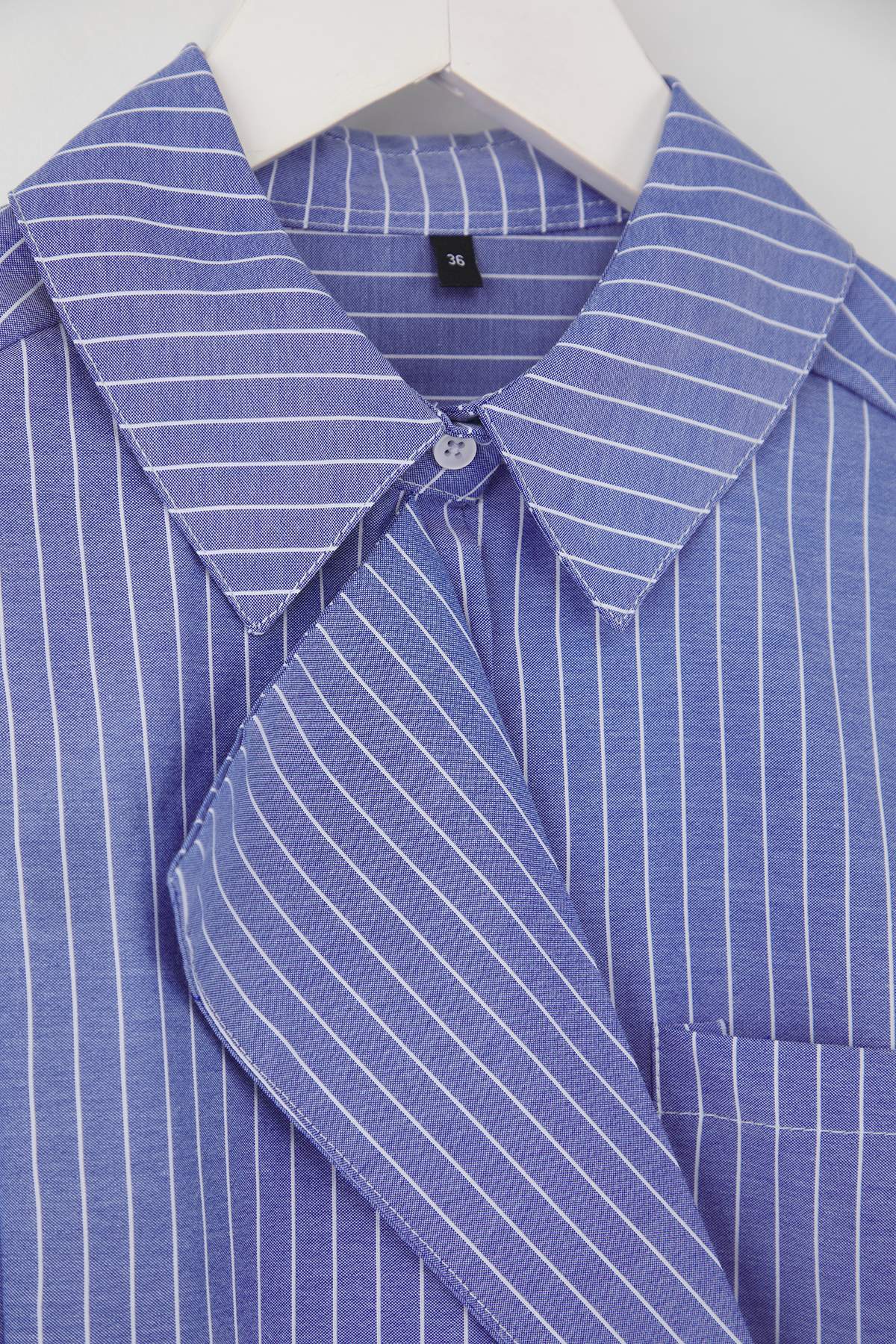 Trendyolmilla  Mavi-Çok Renkli Ceket Yaka Oversize Çizgili Dokuma Gömlek TWOAW26GO00020 - Görsel 7