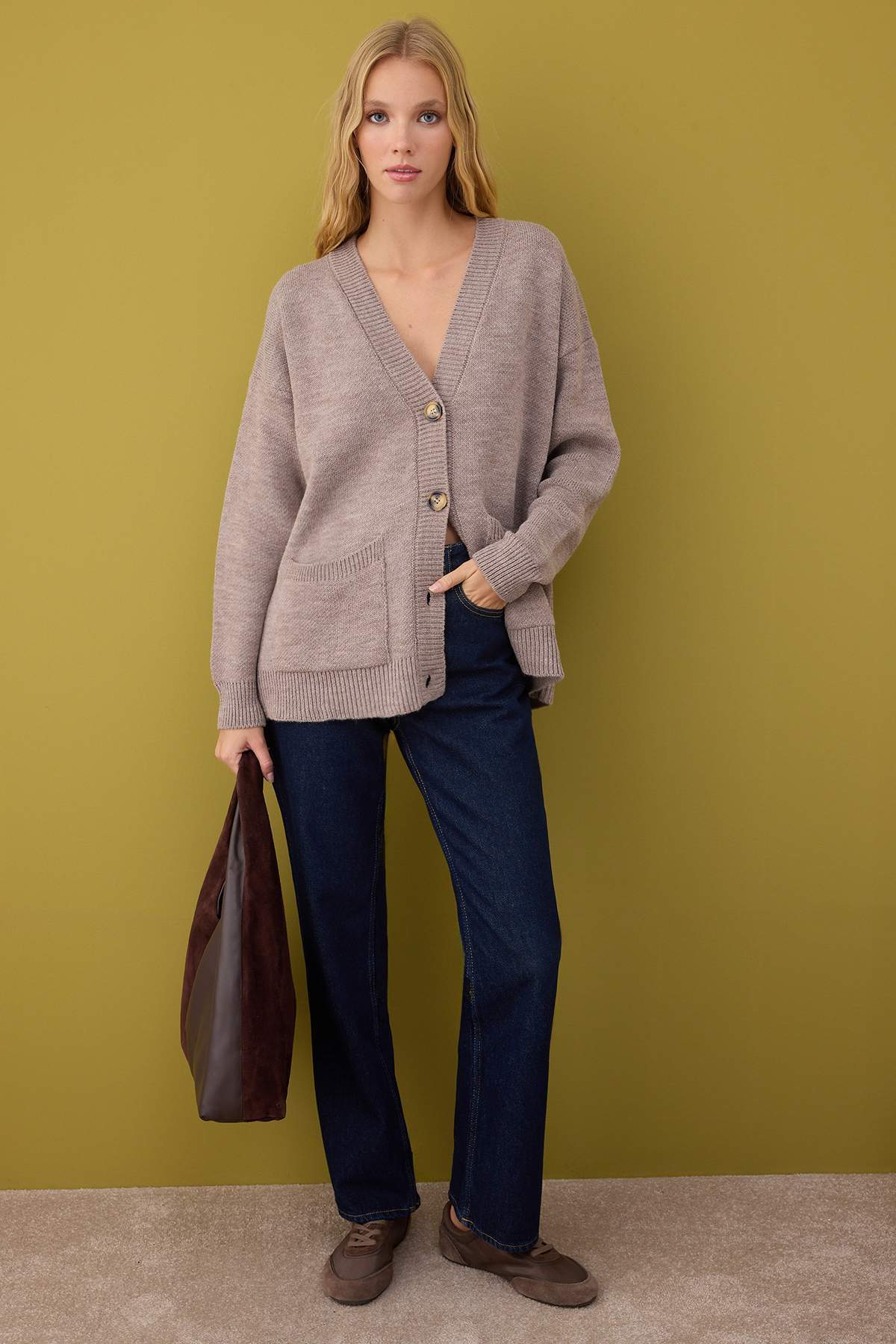 Trendyolmilla  Vizon Geniş Kalıp Basic Triko Hırka TWOAW26HI00205 - Görsel 2