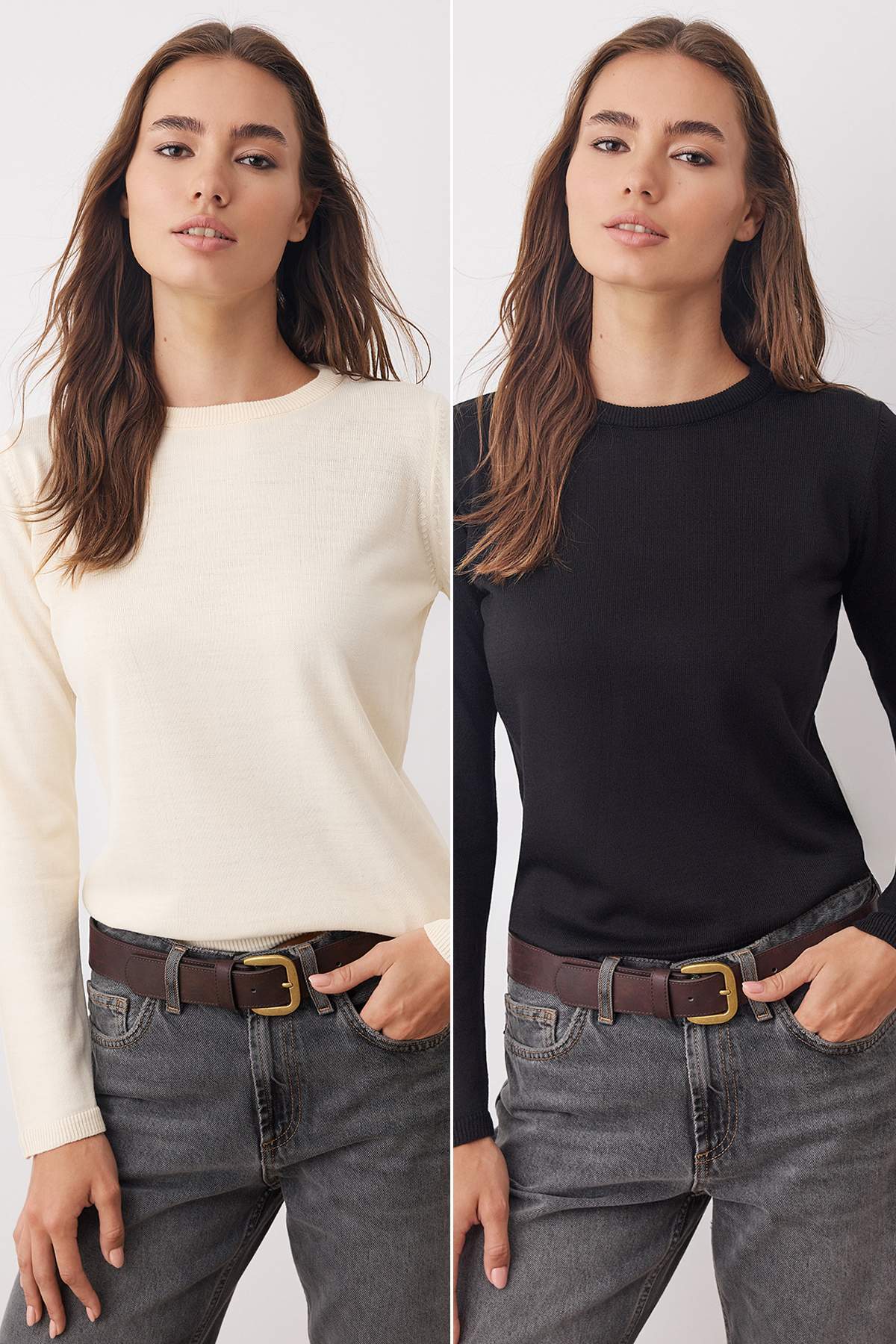 Trendyolmilla  Ekru-Siyah Bisiklet Yaka İkili Paket Triko Kazak TWOAW26KZ00189