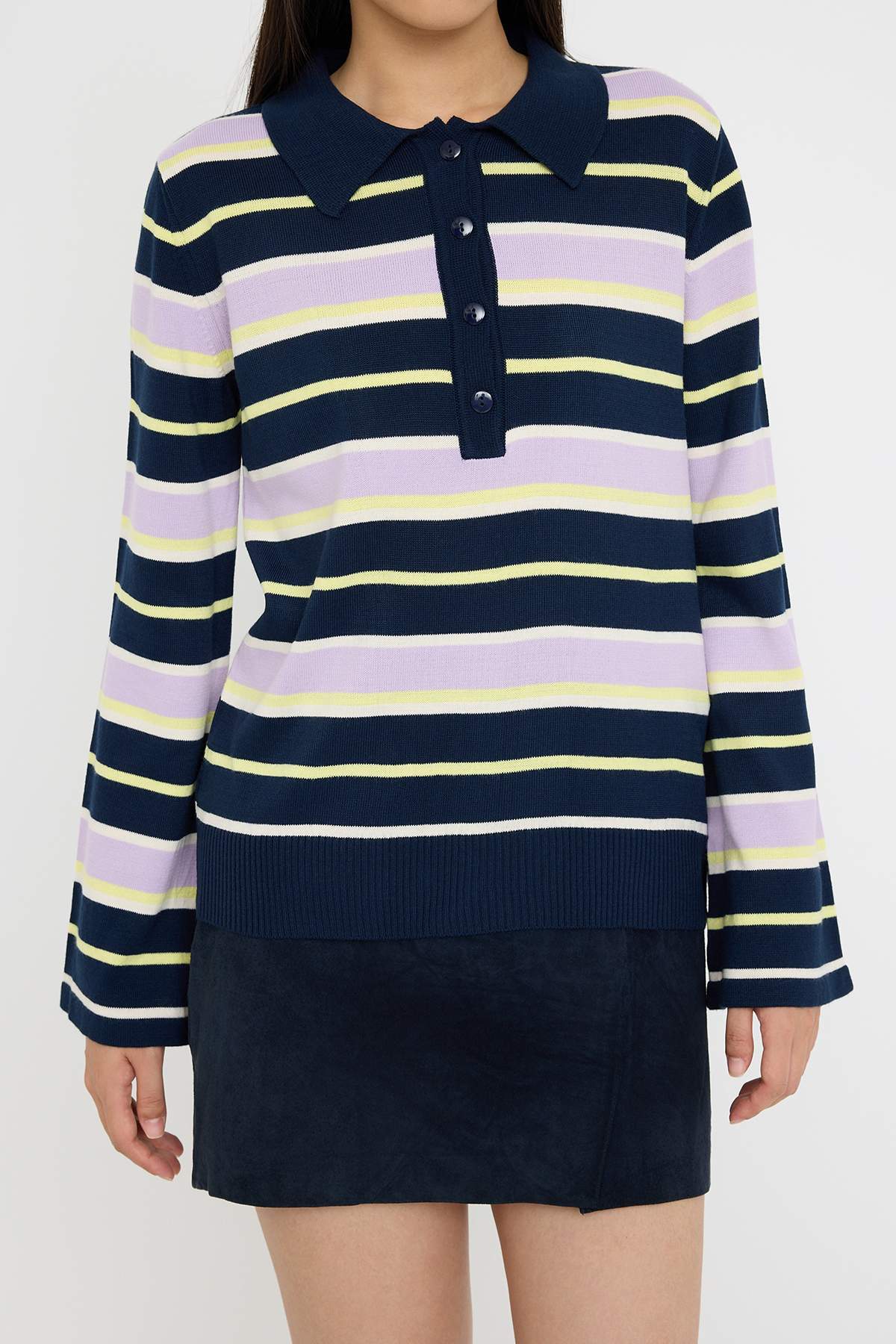 Trendyolmilla  Lacivert Polo Yaka Çizgili Triko Kazak TWOAW26KZ00121 - Görsel 3