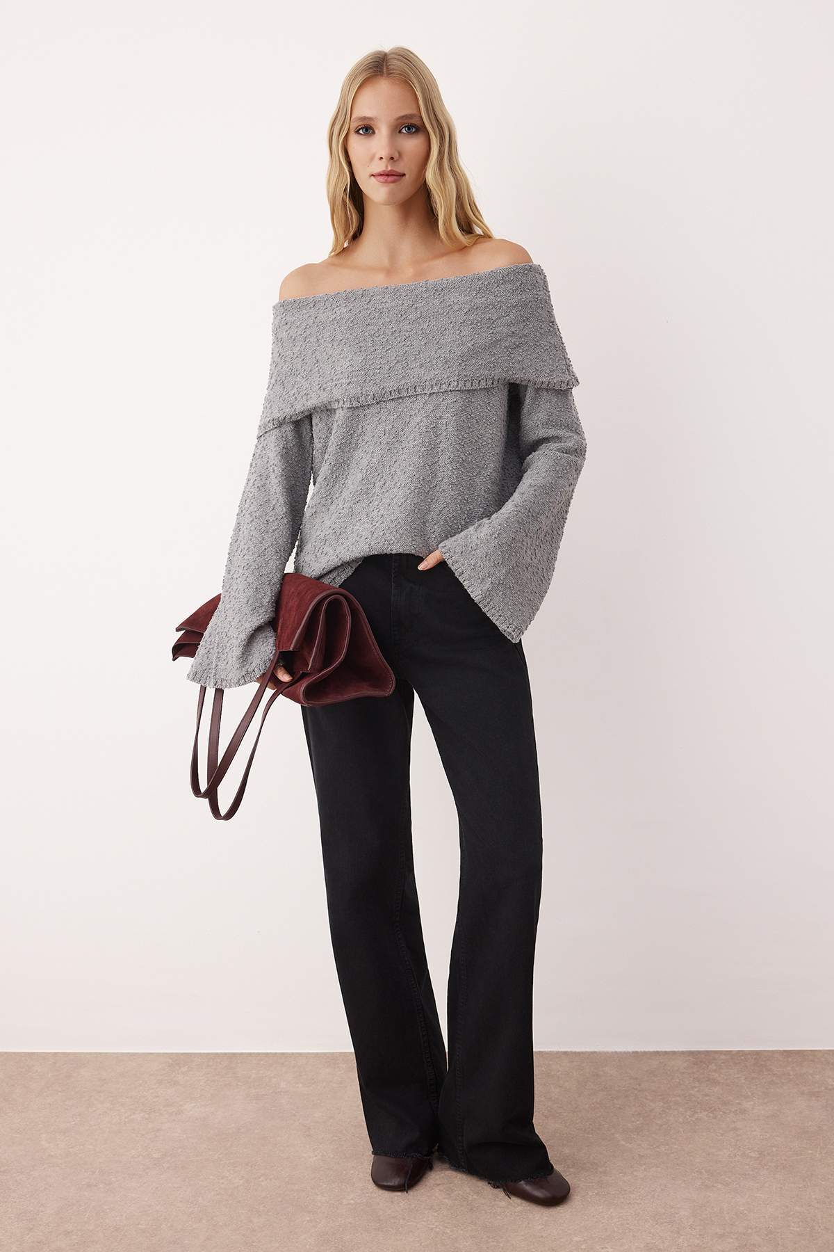 Trendyolmilla  Antrasit Dokulu Carmen Yaka Triko Kazak TWOAW26KZ00210 - Görsel 2