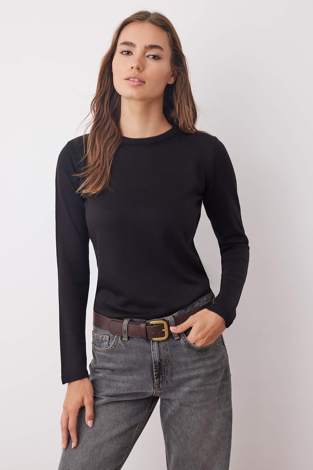 Trendyolmilla  Ekru-Siyah Bisiklet Yaka İkili Paket Triko Kazak TWOAW26KZ00189 - Görsel 5