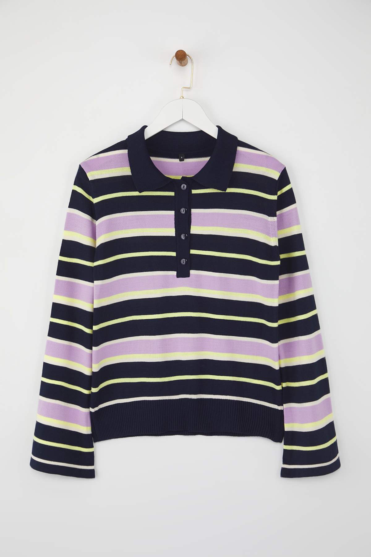 Trendyolmilla  Lacivert Polo Yaka Çizgili Triko Kazak TWOAW26KZ00121 - Görsel 5