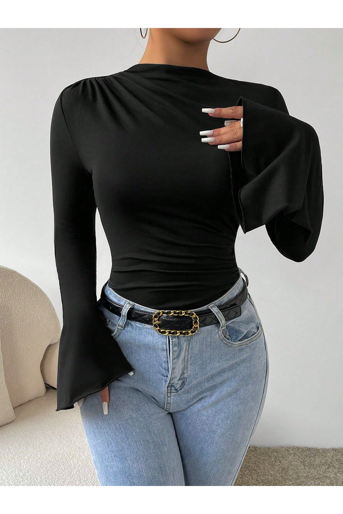 peelter  Kadın Siyah Bel ve Boyun Büzgülü İspanyol Kol Bluz - Görsel 5