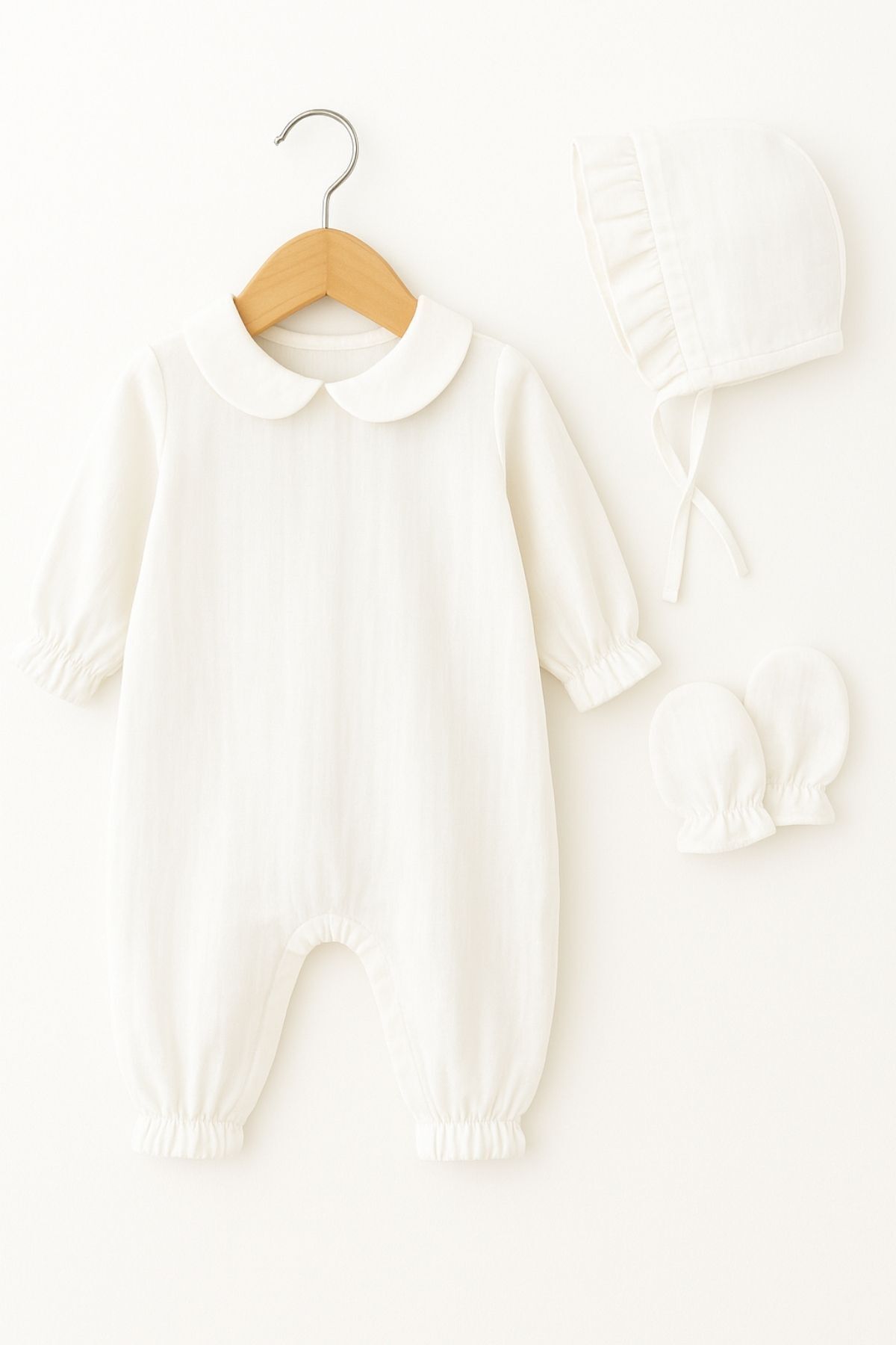 Minytrendy Kız Bebek Yenidoğan Tulum Müslin Şapkalı Eldivenli Hastane Çıkış Takımı Bebek Hediyelik Mevlüt fotoğrafı 2 (önizleme)