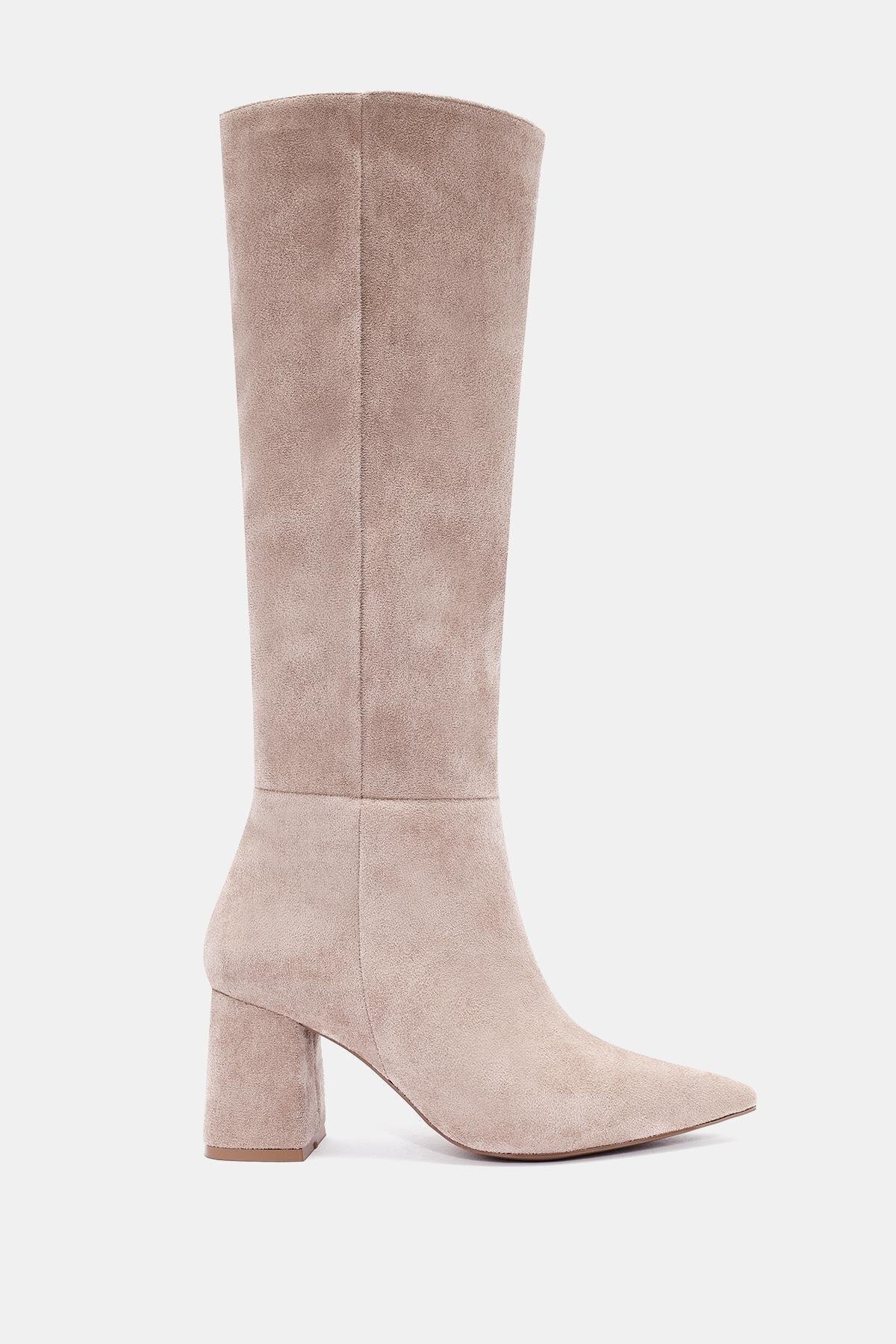 Bestyle Lopez Kadın Vizon Kalın Sivri Burun Kalın Topuklu Çizme