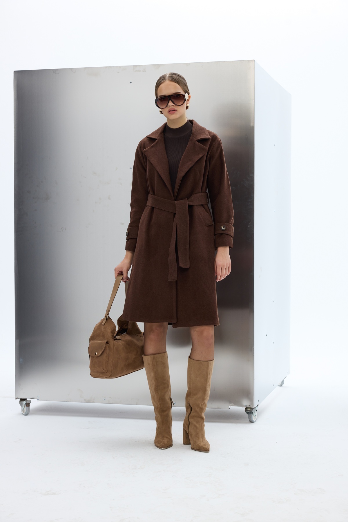 SevdeUgur  Kuşaklı Kolu Düğmeli Kahverengi Kaşe Kaban / Sevde Ugur - Görsel 7