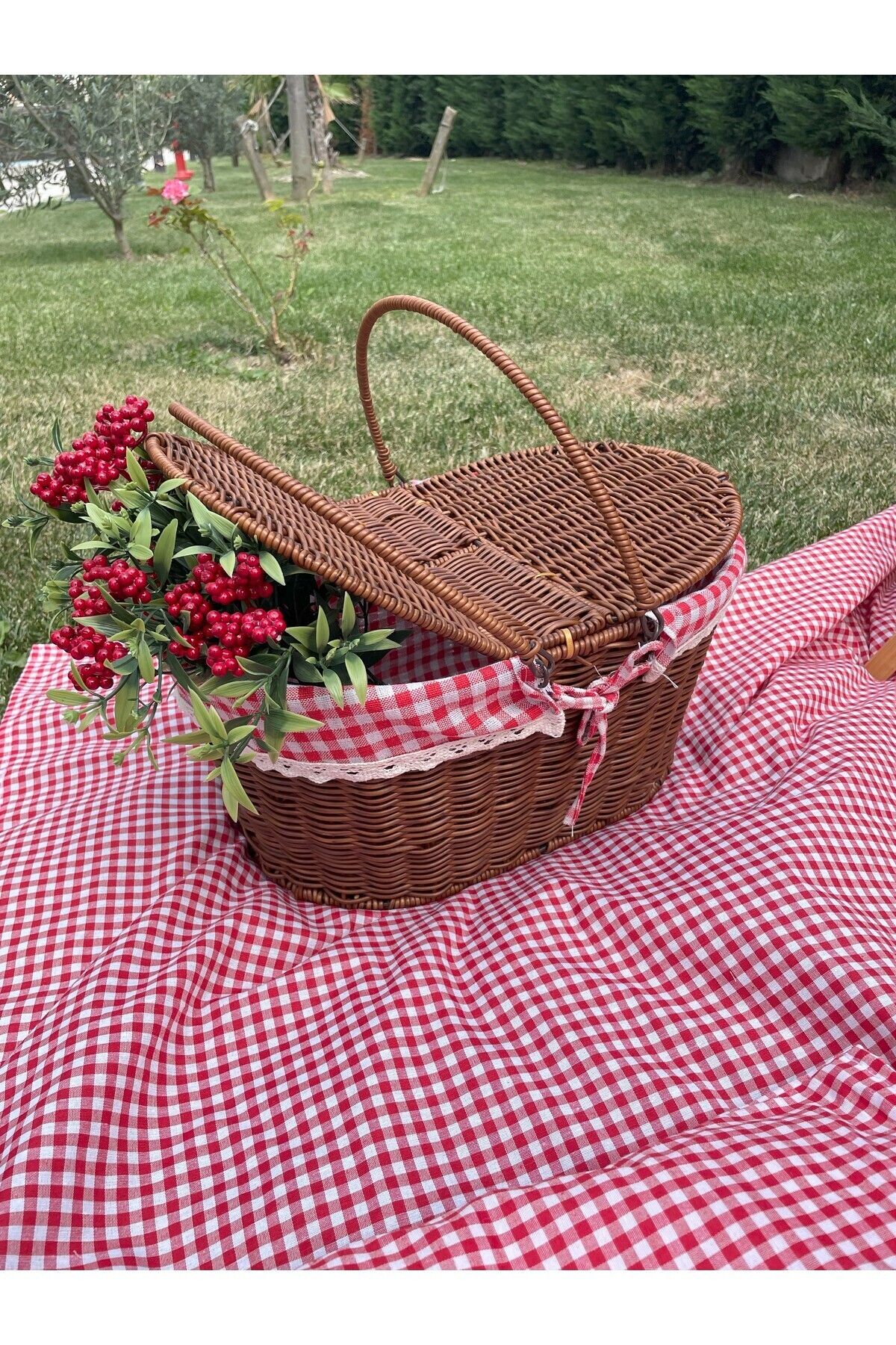 Divanest-Rattan Covered Basket and 4 Cushions Red Pitikare Picnic Set Cover (Service Table Is Not Included.) 1