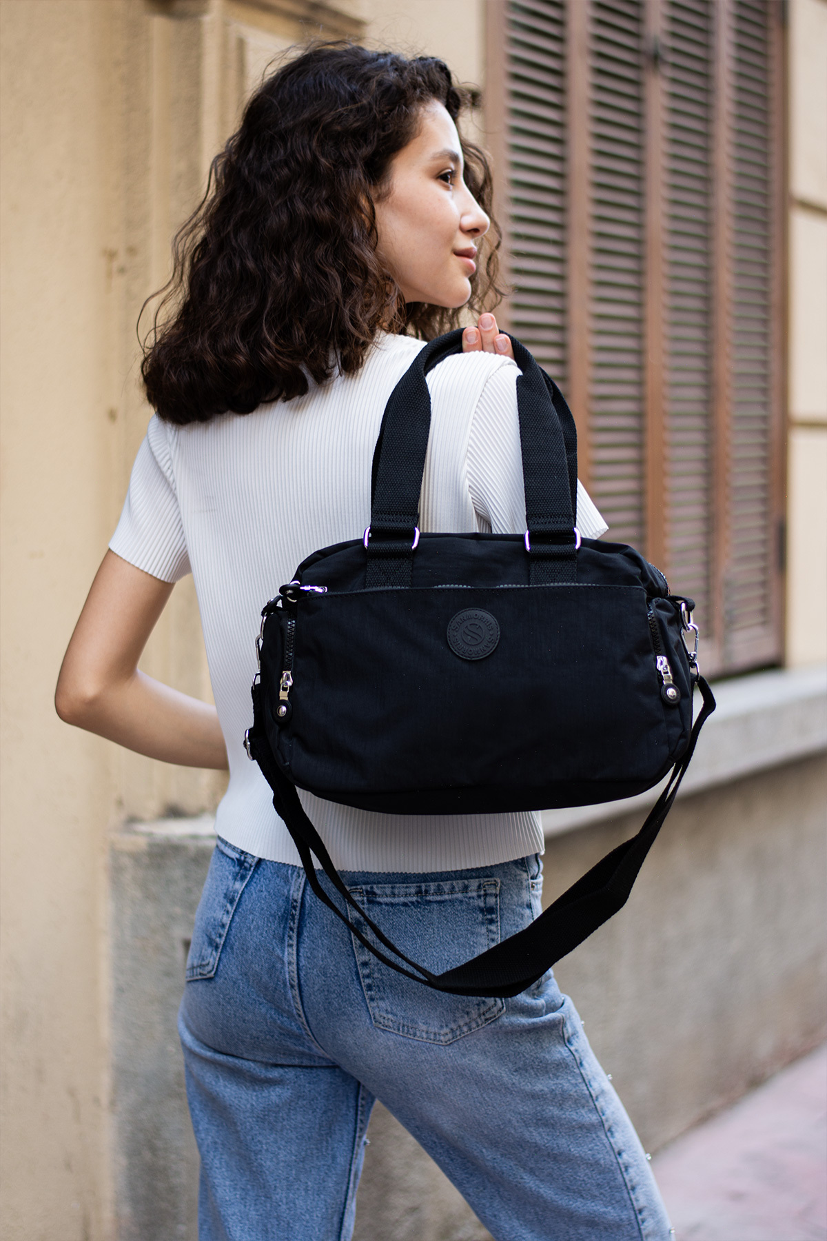 Sanmorris Unisex Krinkıl Kumaş Omuz Ve Çapraz Askılı Siyah Renkli Çanta görsel 7