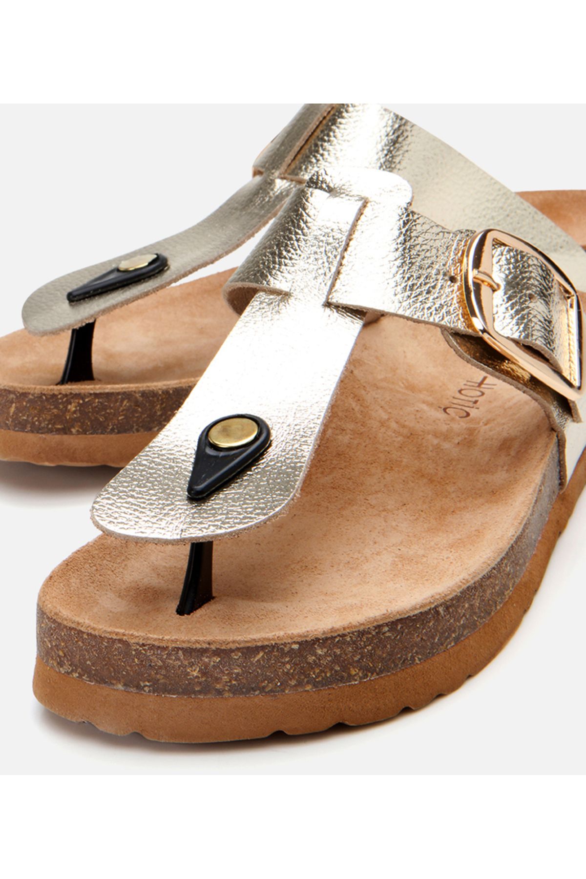 Hotiç-Women's Leather Gold Belted Flip Flops 3