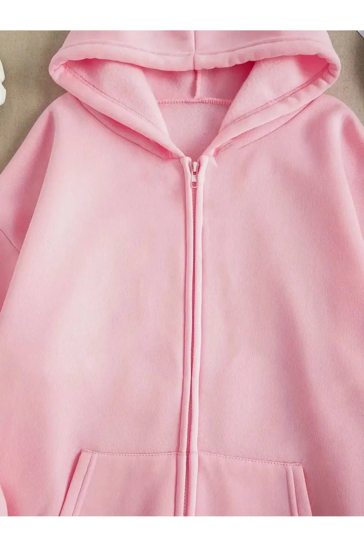 Jooy  Pembe 3 İplik Fermuarlı Kapüşonlu Hırka Ceket - Görsel 5