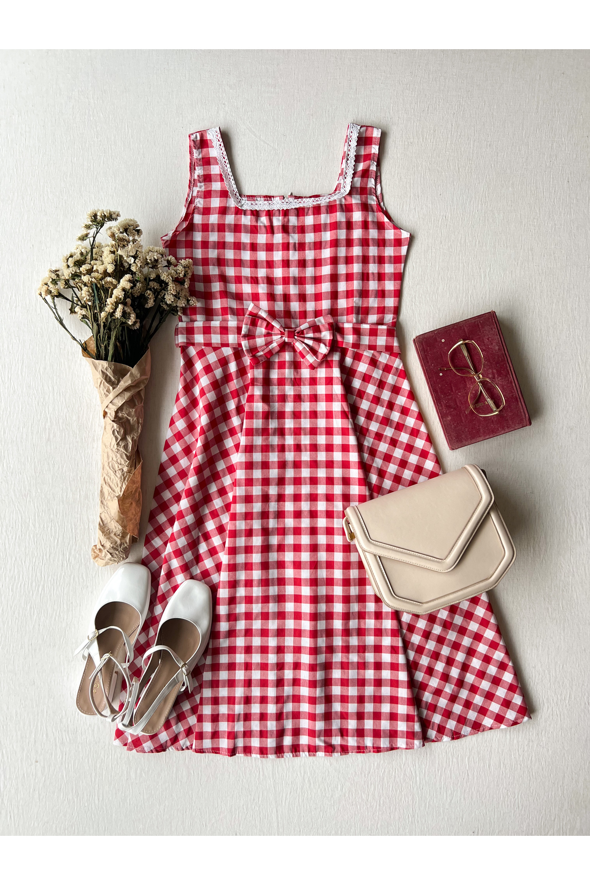 KÜÇÜĞÜM BUTİK  Kırmızı Pötikare Desen Kare Yaka Askılı Kloş Elbise - Görsel 5