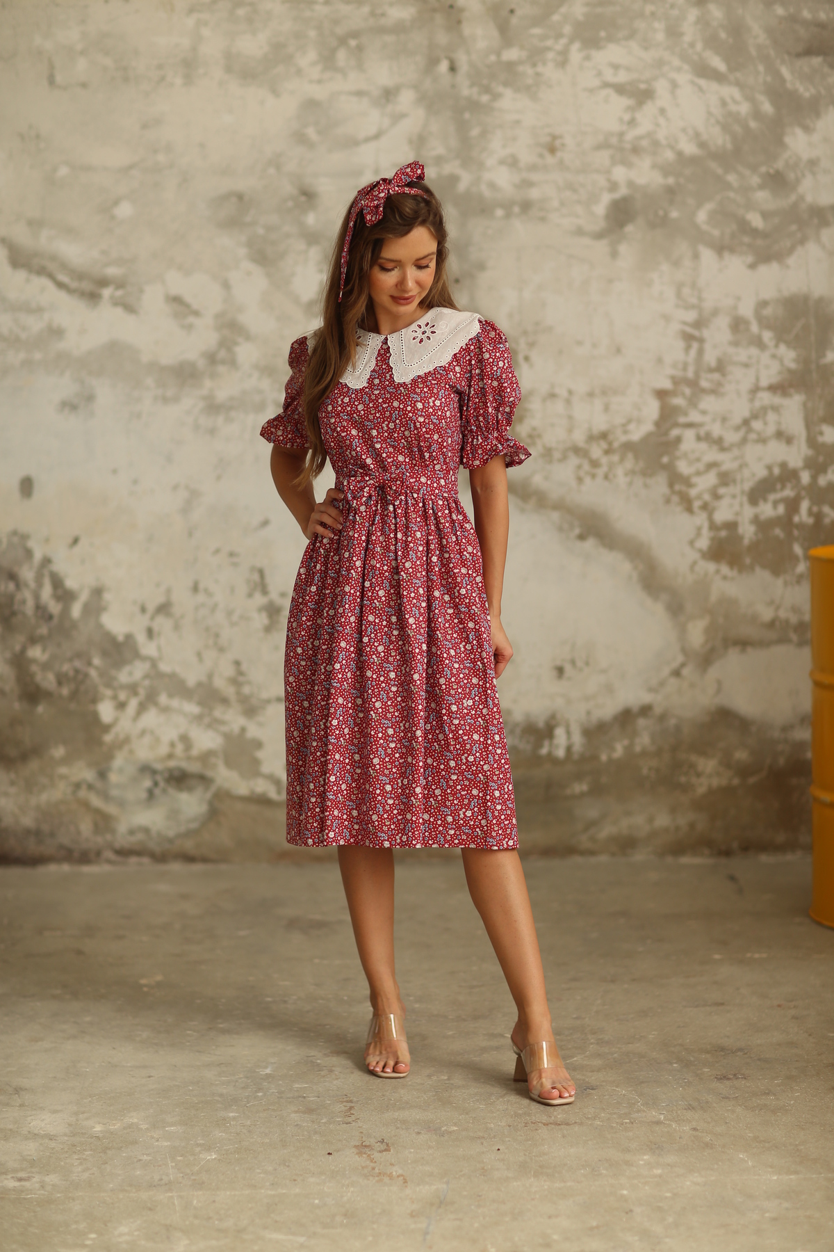 KÜÇÜĞÜM BUTİK  Vintage Fisto Yakalı Bordo Çiçekli Poplin Elbise - Görsel 6