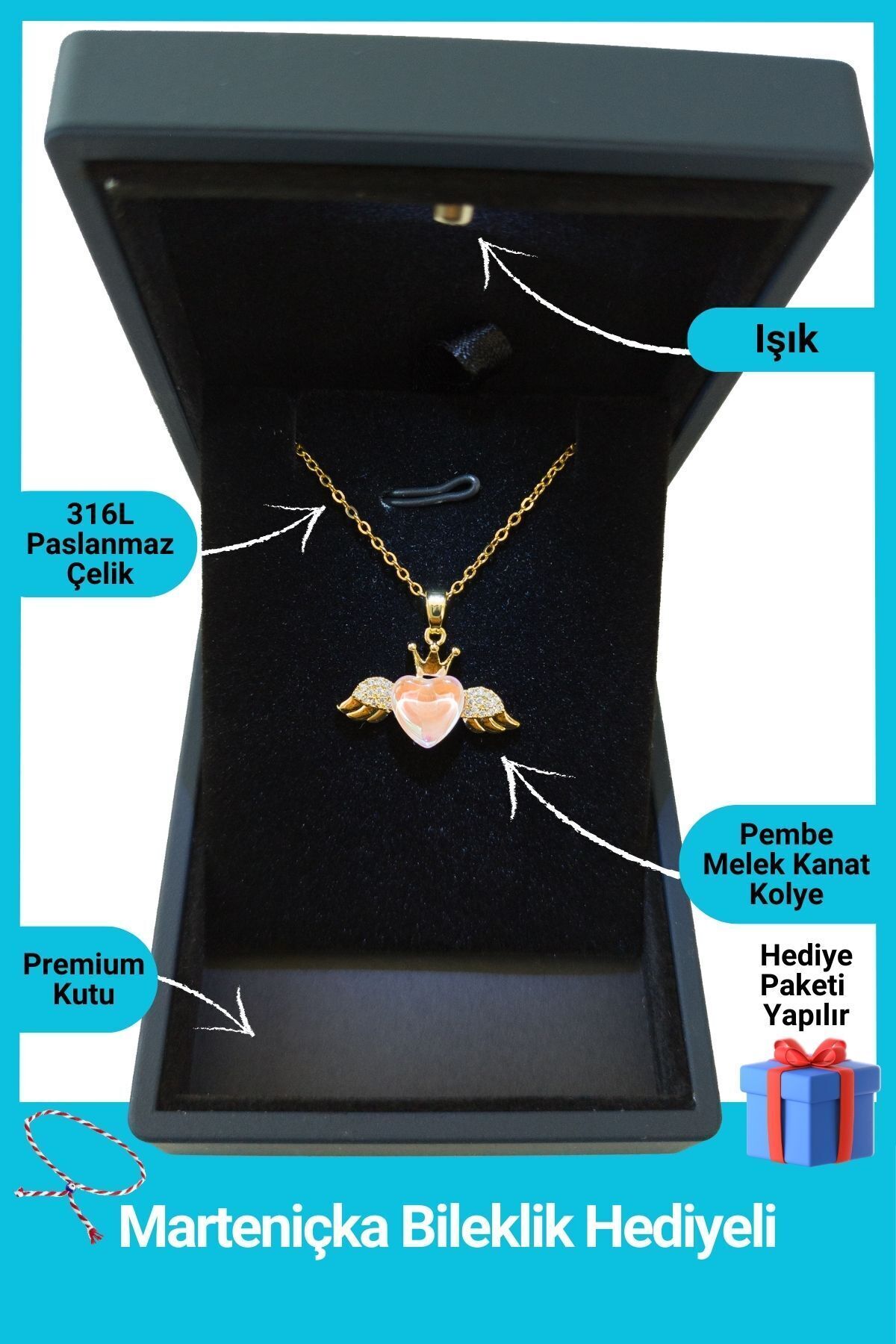 Premium Lighted Box | Winged Pink Heart Necklace | February 14 Valentine's Day Gift | Women