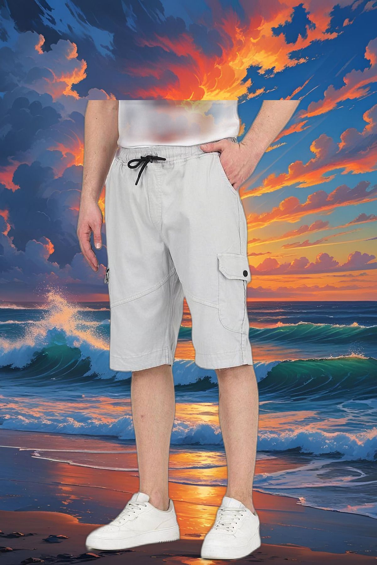 DAMGA JEANS-Men's Elastic Waist Summer Sports Cargo Pocket Gray Capri Shorts 6