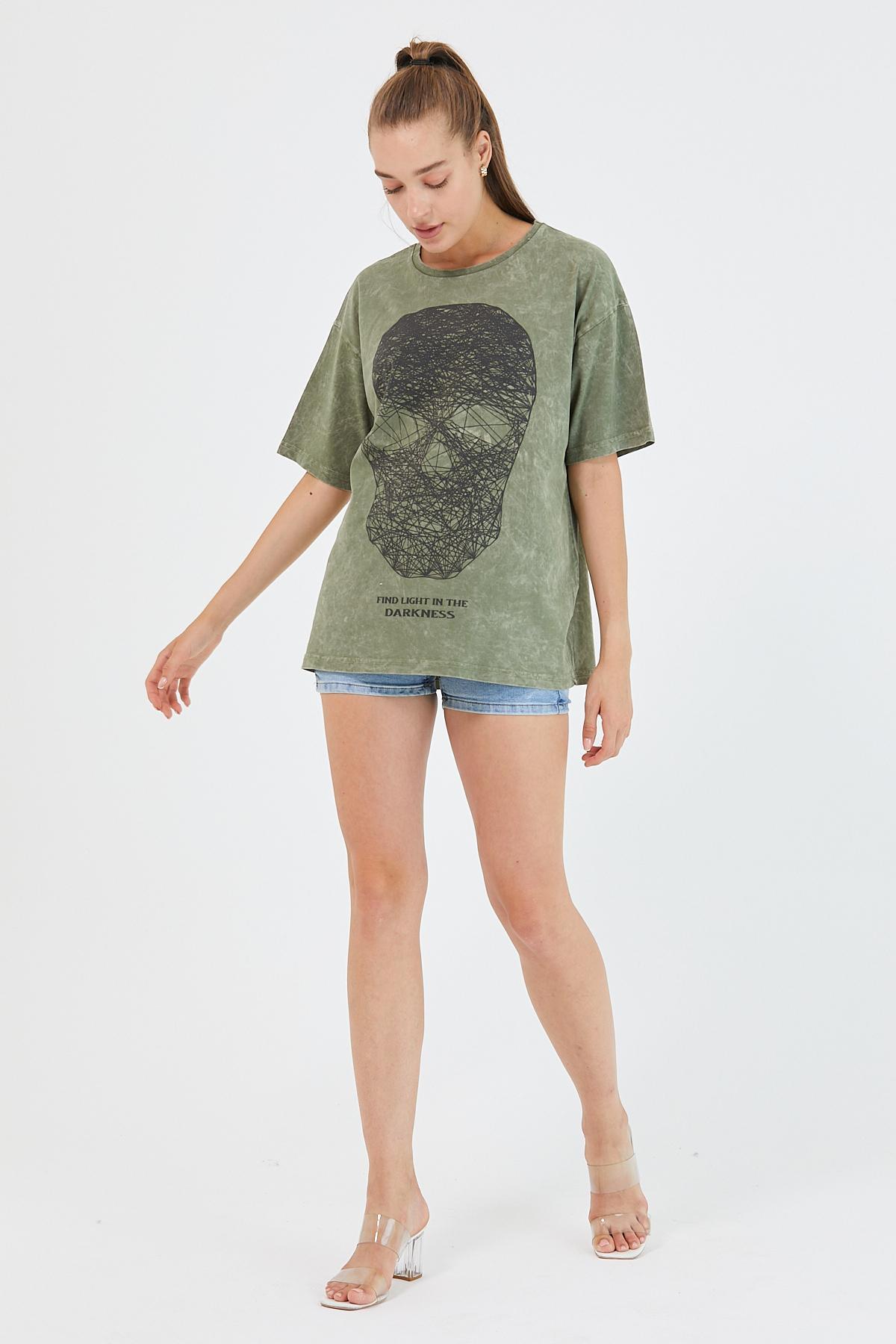 Women's Piece Paint Printed Oversize Basic T-shirt Khaki