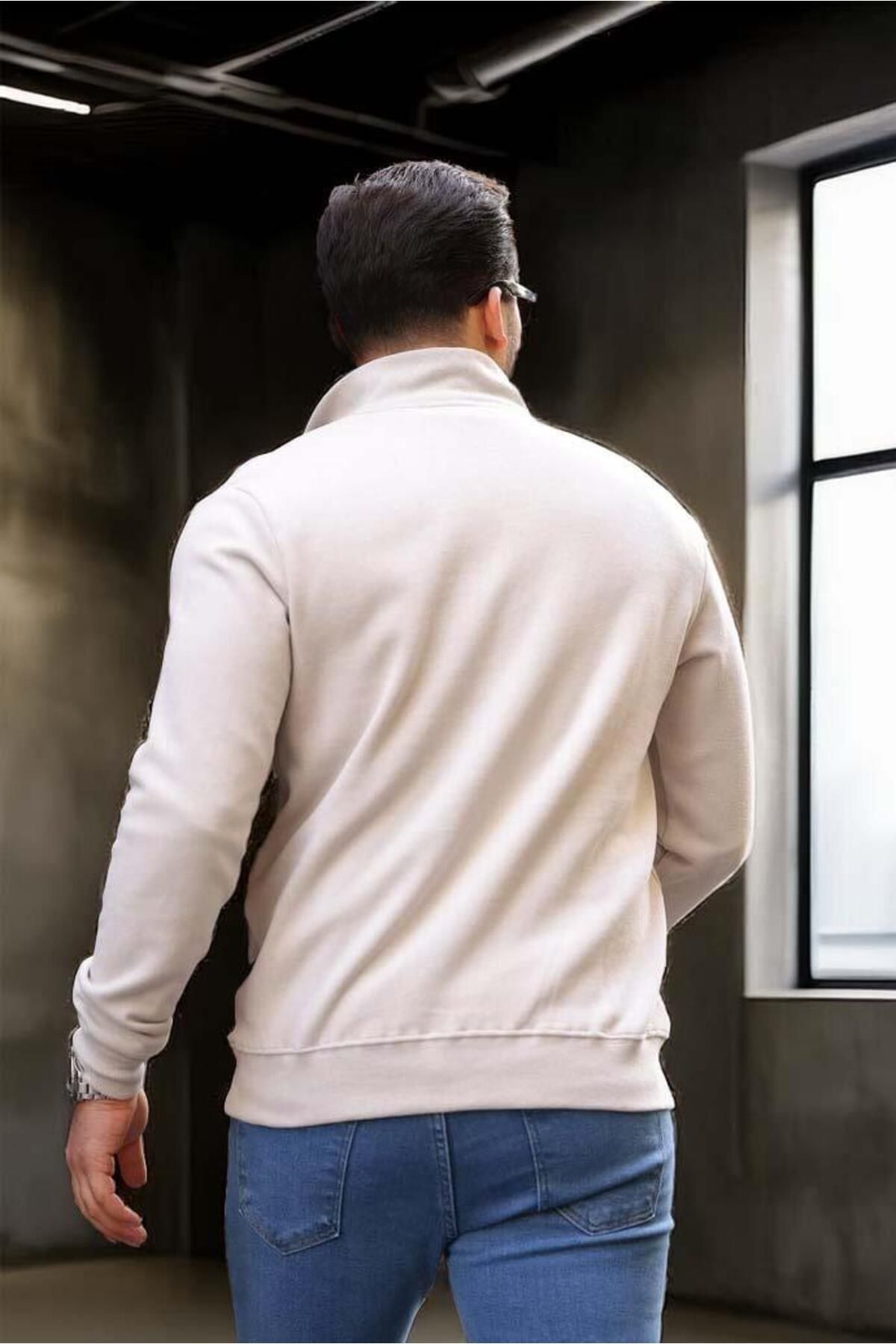Valiberta-Men's Sweatshirt - Thessaloniki Knitted Fabric, Half Zipper, Stone Color 5