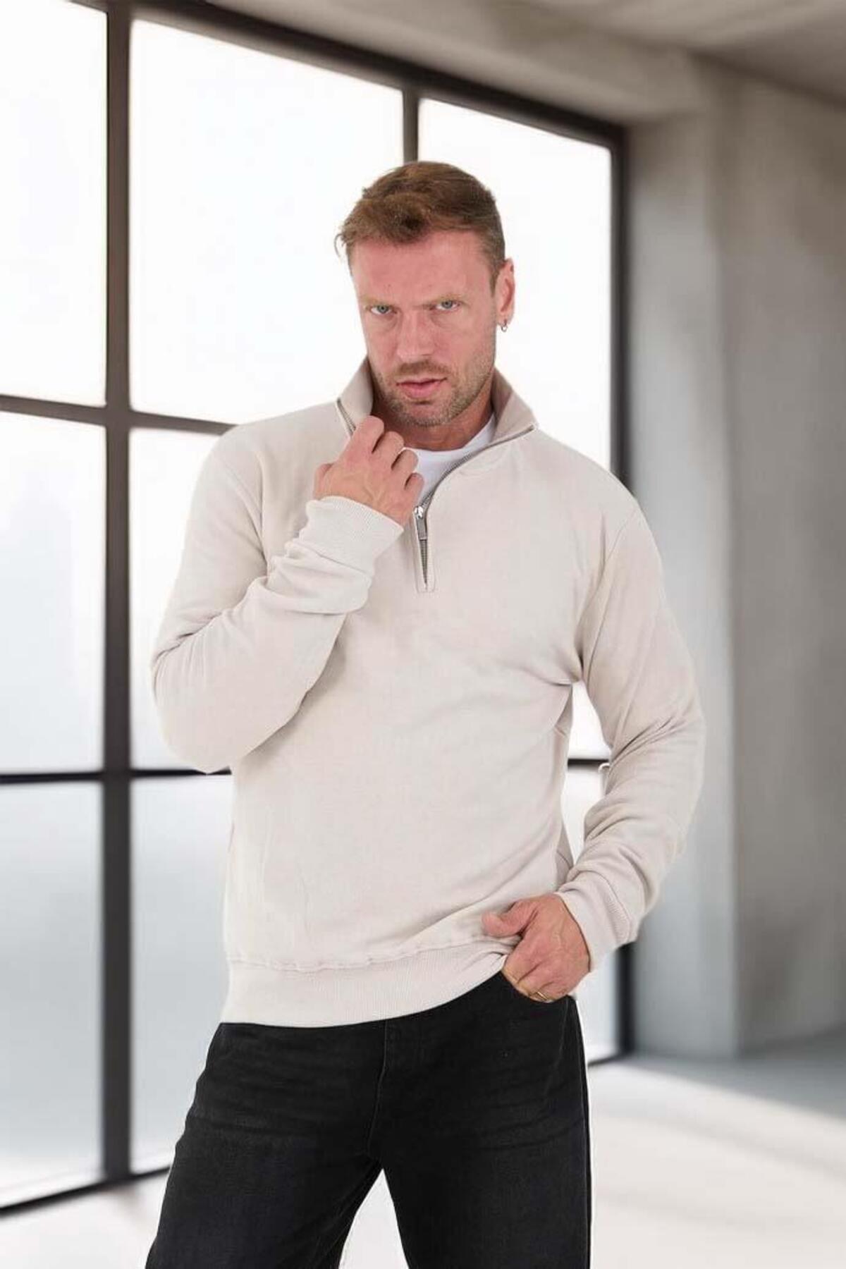 Valiberta-Men's Sweatshirt - Thessaloniki Knitted Fabric, Half Zipper, Stone Color 6