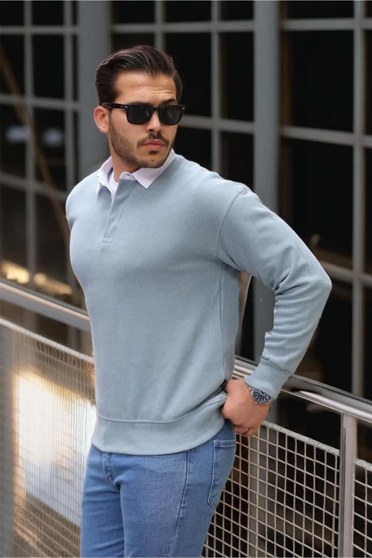 Valiberta  Luis Polo Yaka Selanik Örme Kumaş Erkek Sweatshirt - Soğuk Mavi - Görsel 7