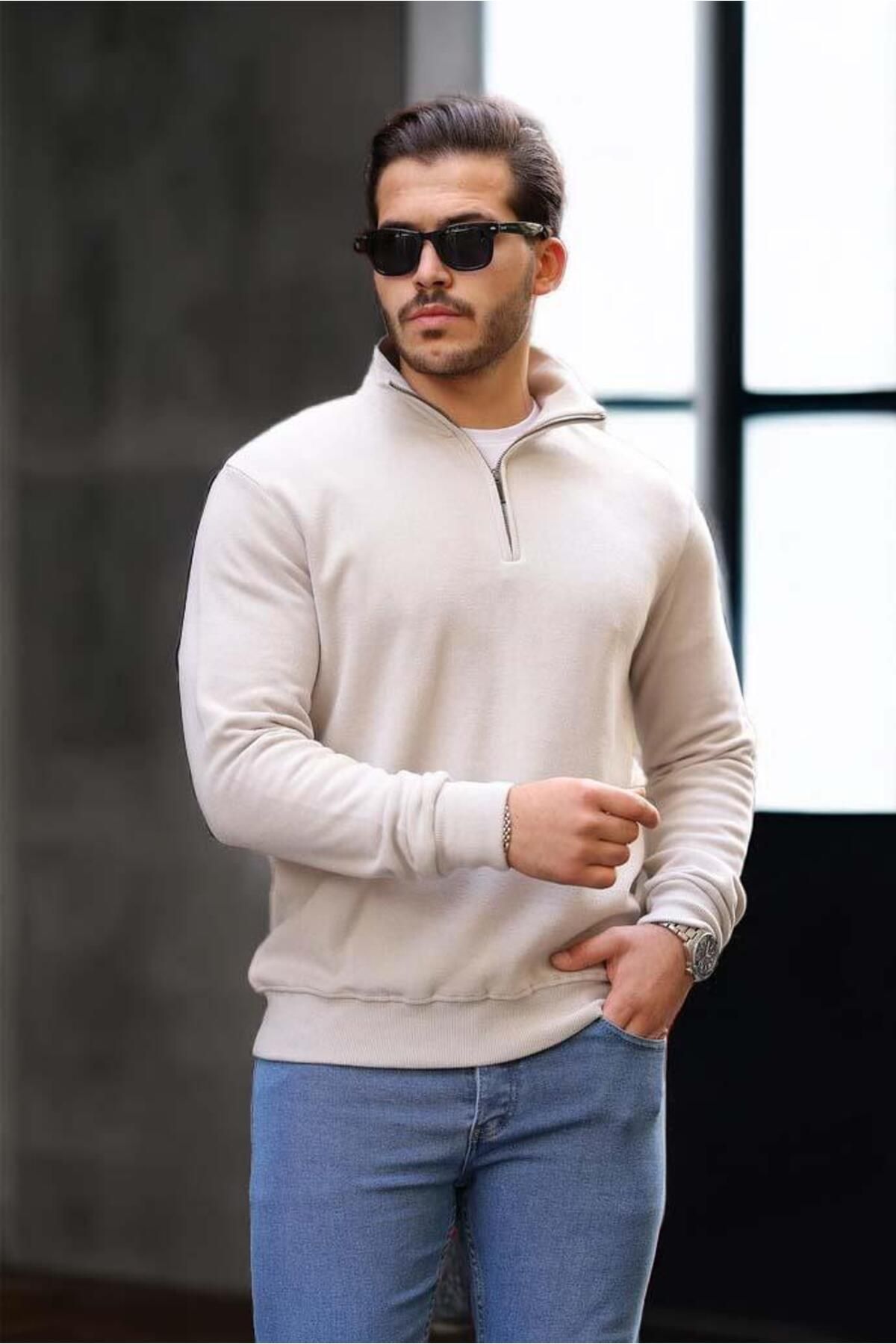 Valiberta-Men's Sweatshirt - Thessaloniki Knitted Fabric, Half Zipper, Stone Color 3