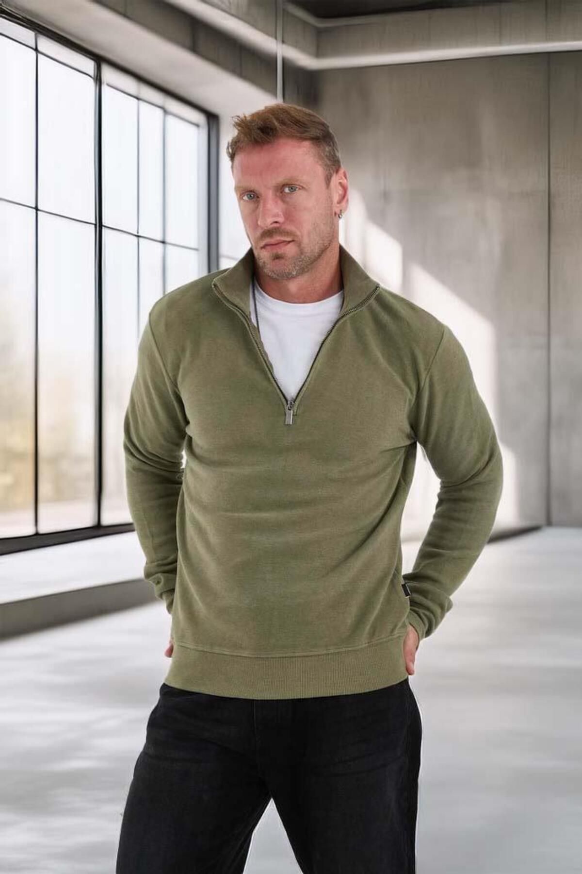 Valiberta-Thessaloniki Knitted Fabric Half Zipper Men's Sweatshirt - Khaki 6