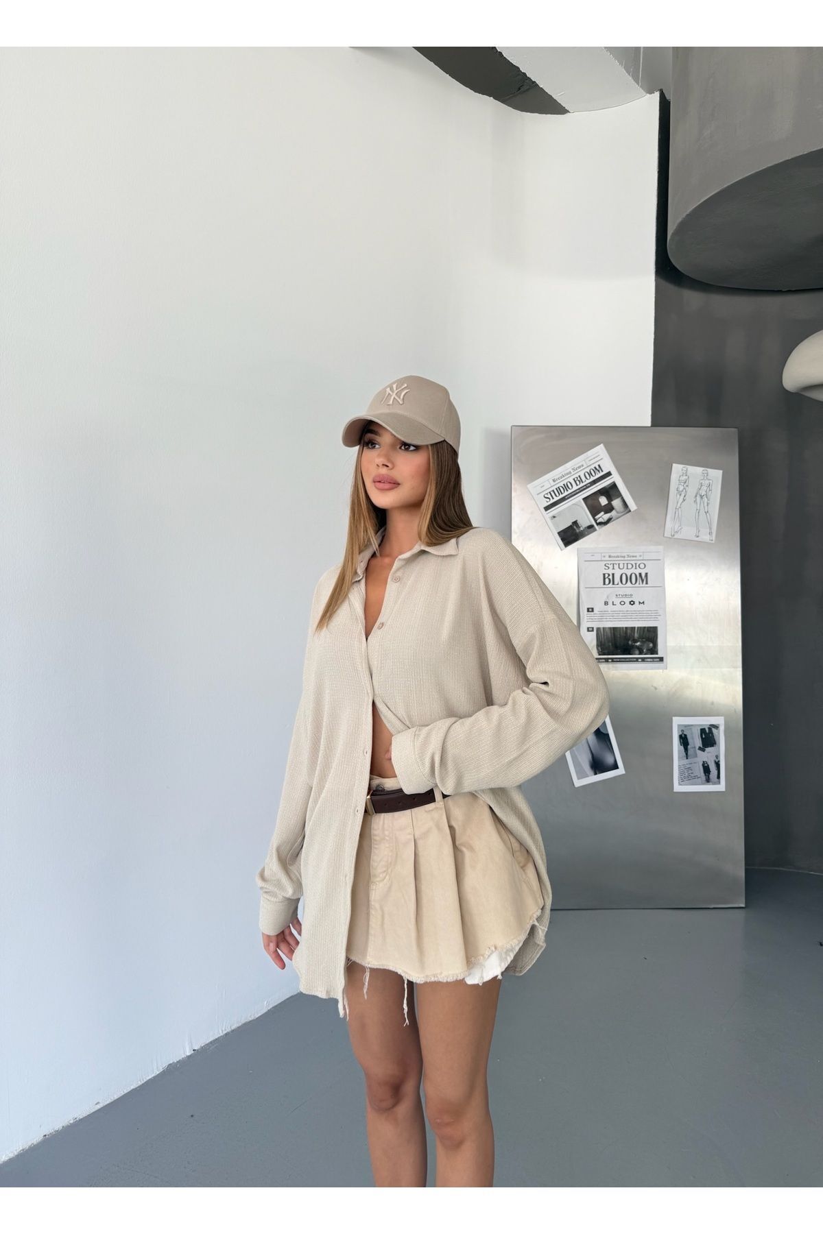 COMBİNE MİCHAİL  Kadın Oversize Ayrobin Krem Bol Keten Gömlek - Görsel 7