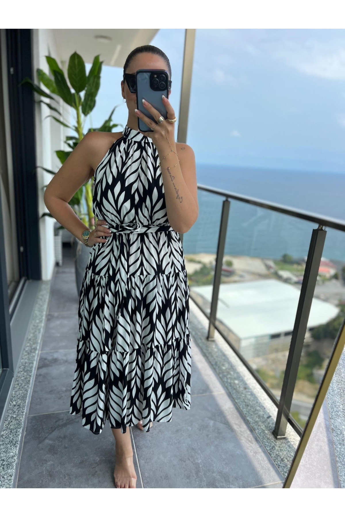 DISHI FASHİON  Halter Yaka Yaprak Desenli Elbise - Görsel 5