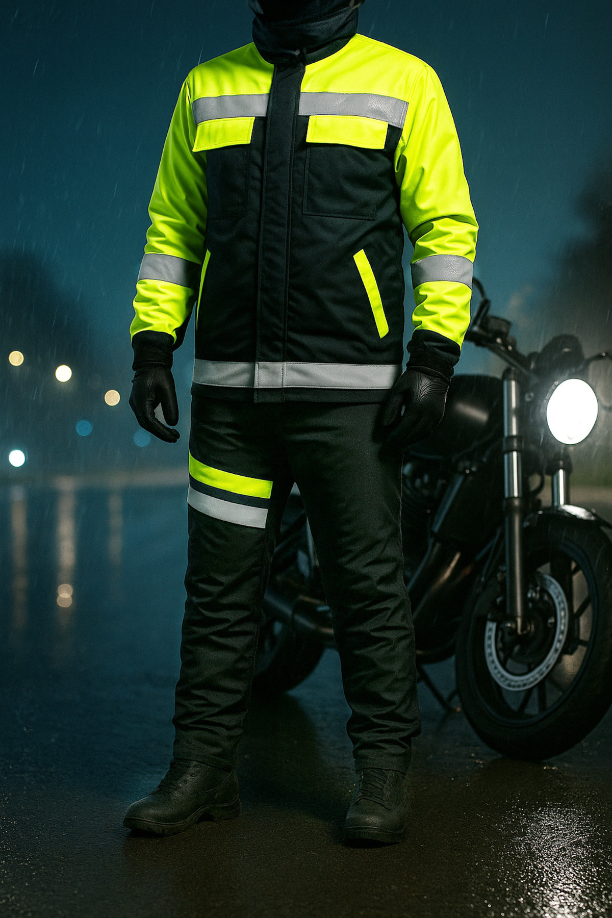 DRC Outdoor Su Rüzgar Geçirmez Reflektörlü Motorcu Lacivert Soğuk Hava Mont Pantolon Takım