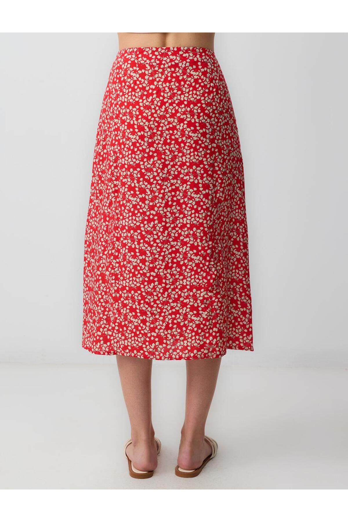 Jimmy Key-Red Regular Waist Floral Patterned Woven Midi Skirt 5