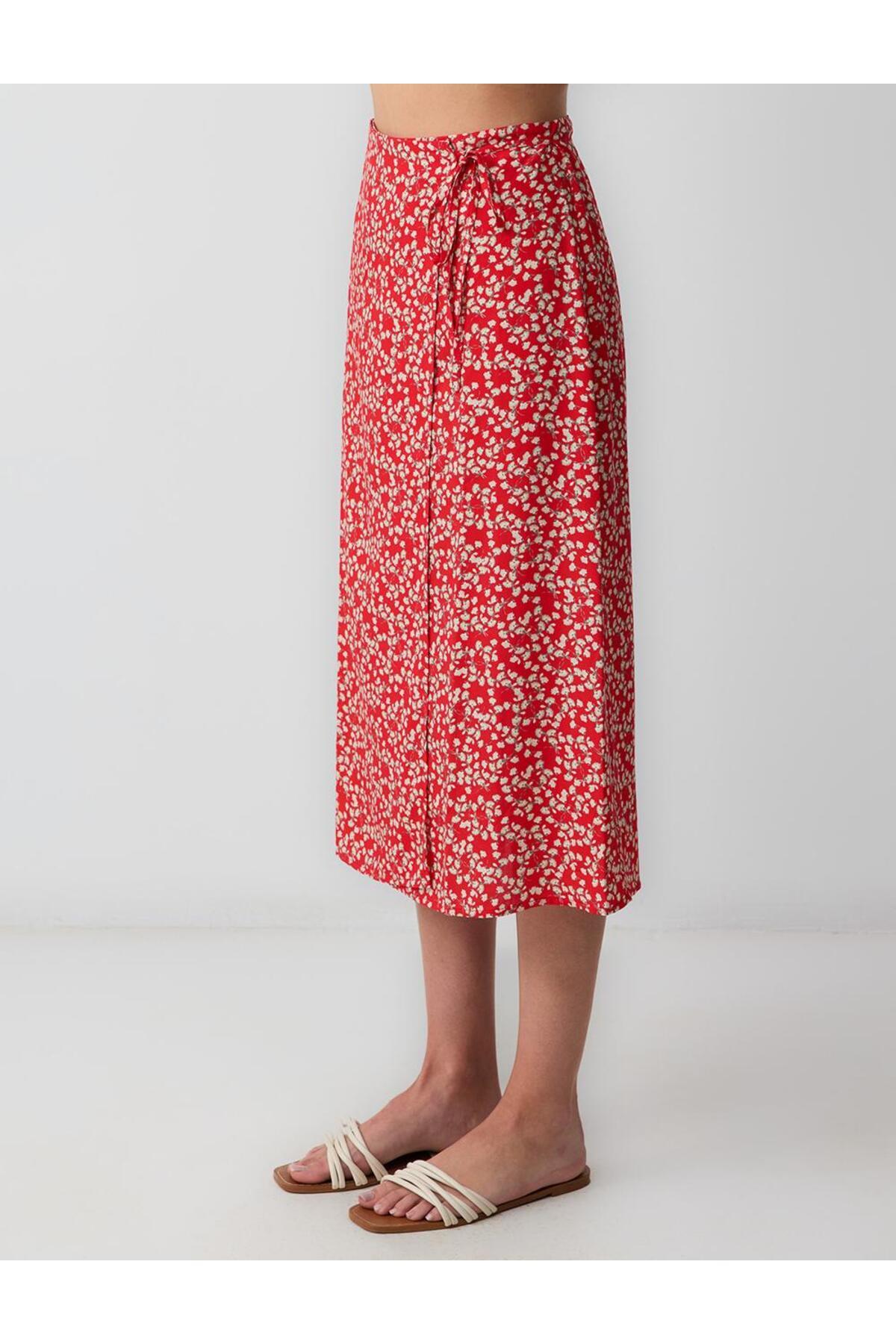 Jimmy Key-Red Regular Waist Floral Patterned Woven Midi Skirt 4