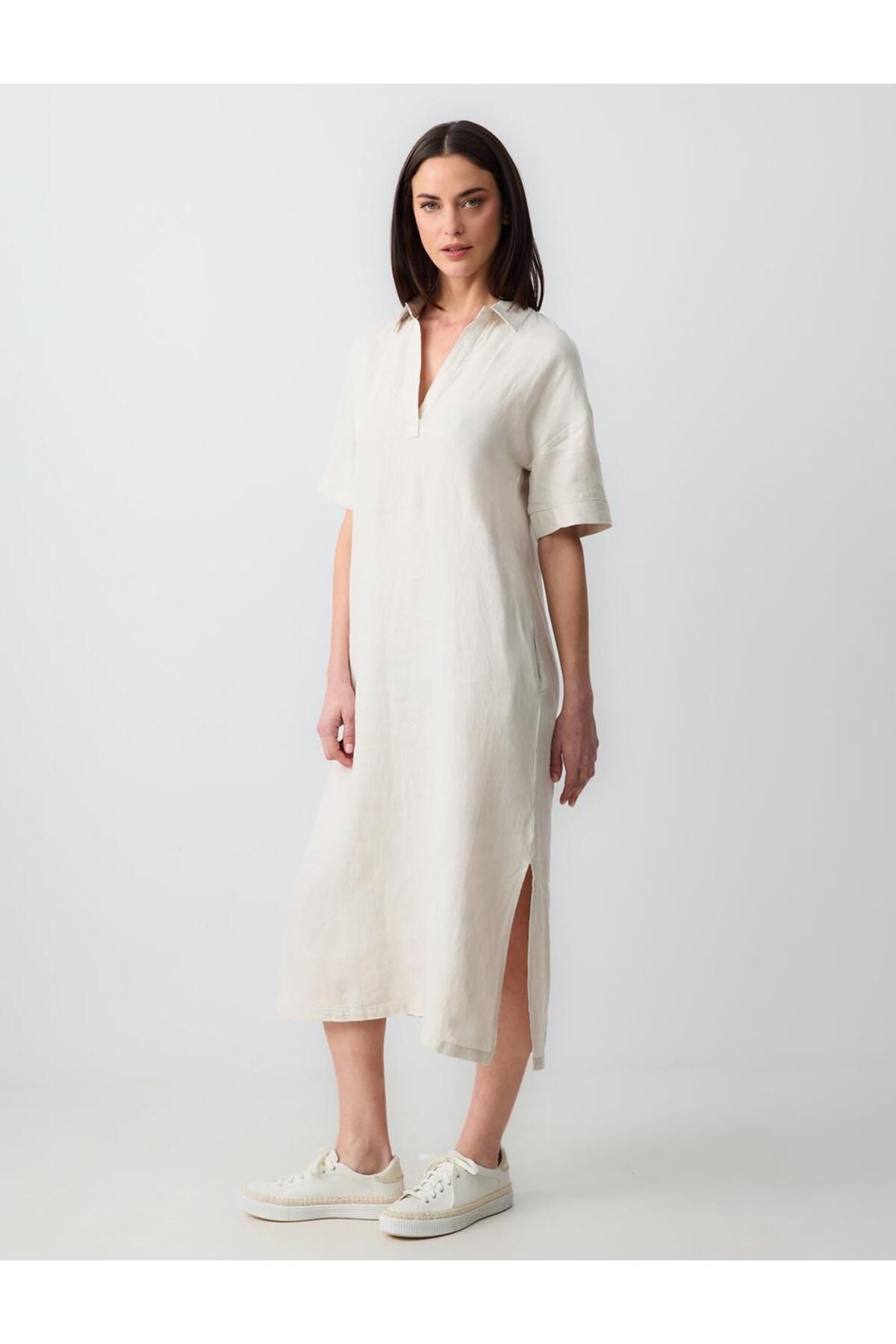 Jimmy Key-Stone 100% Linen Relaxed Cut Shirt Collar Short Sleeve Midi Dress 3