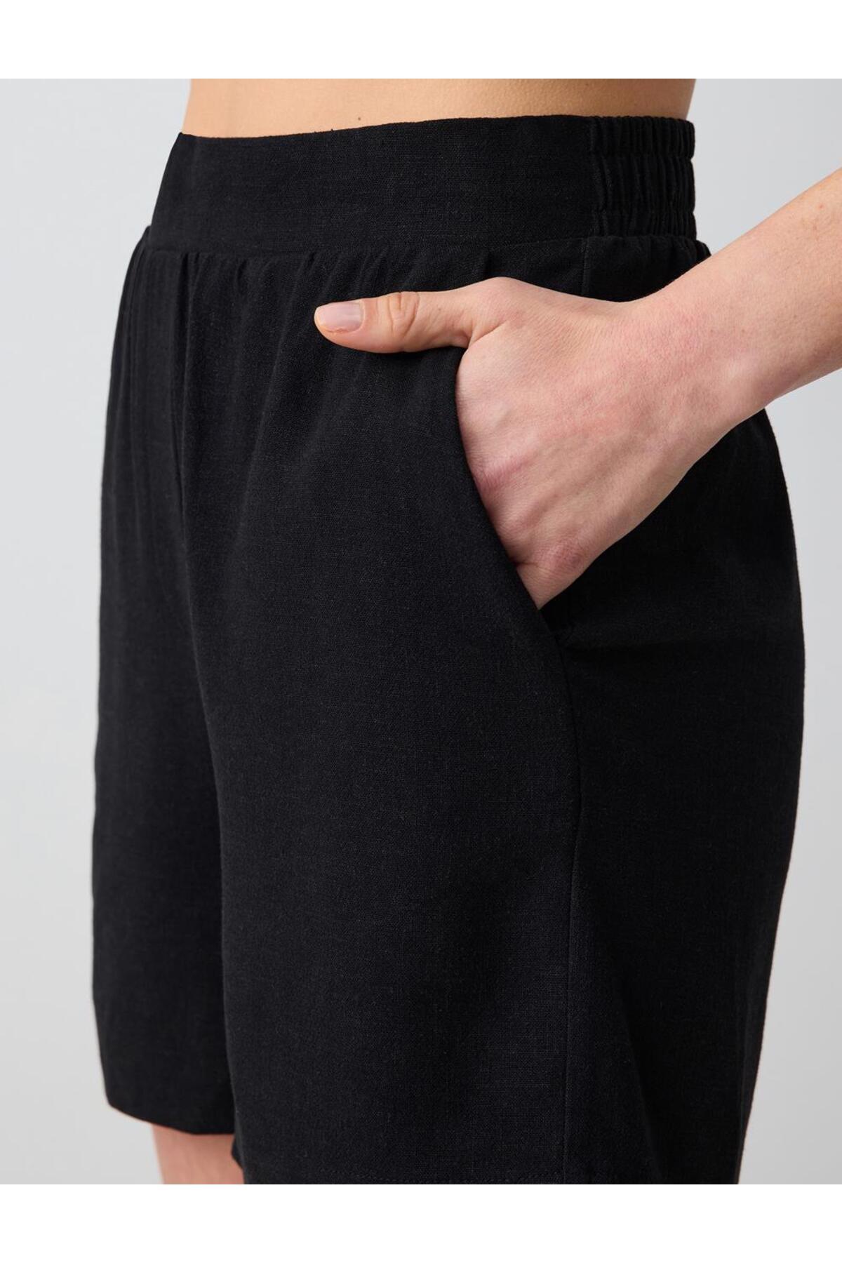 Jimmy Key-Black Relaxed Cut High Waist Loose Wide Leg Linen Shorts 6