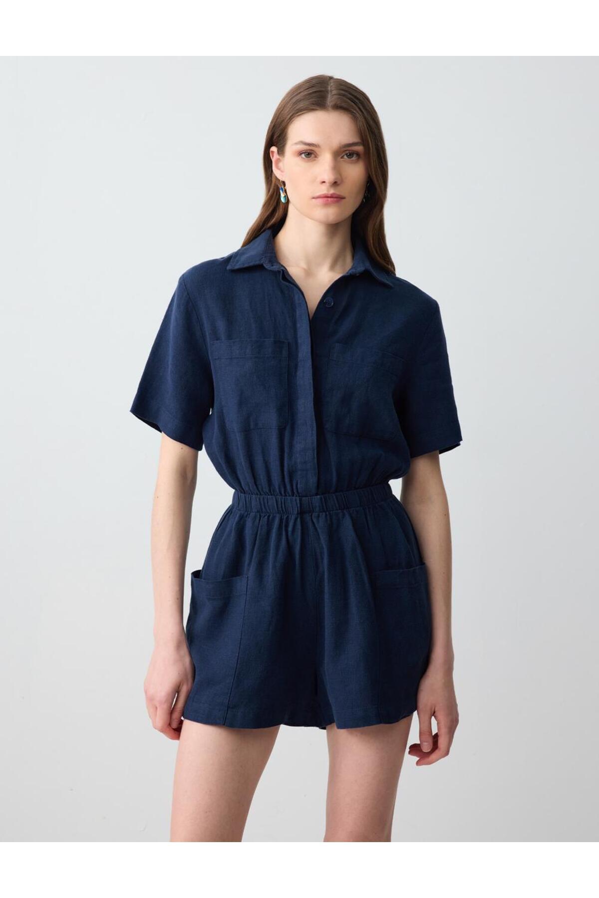 Jimmy Key Lacivert %100 Keten Kısa Kollu Gömlek Yaka Beli Lastikli Mini Tulum