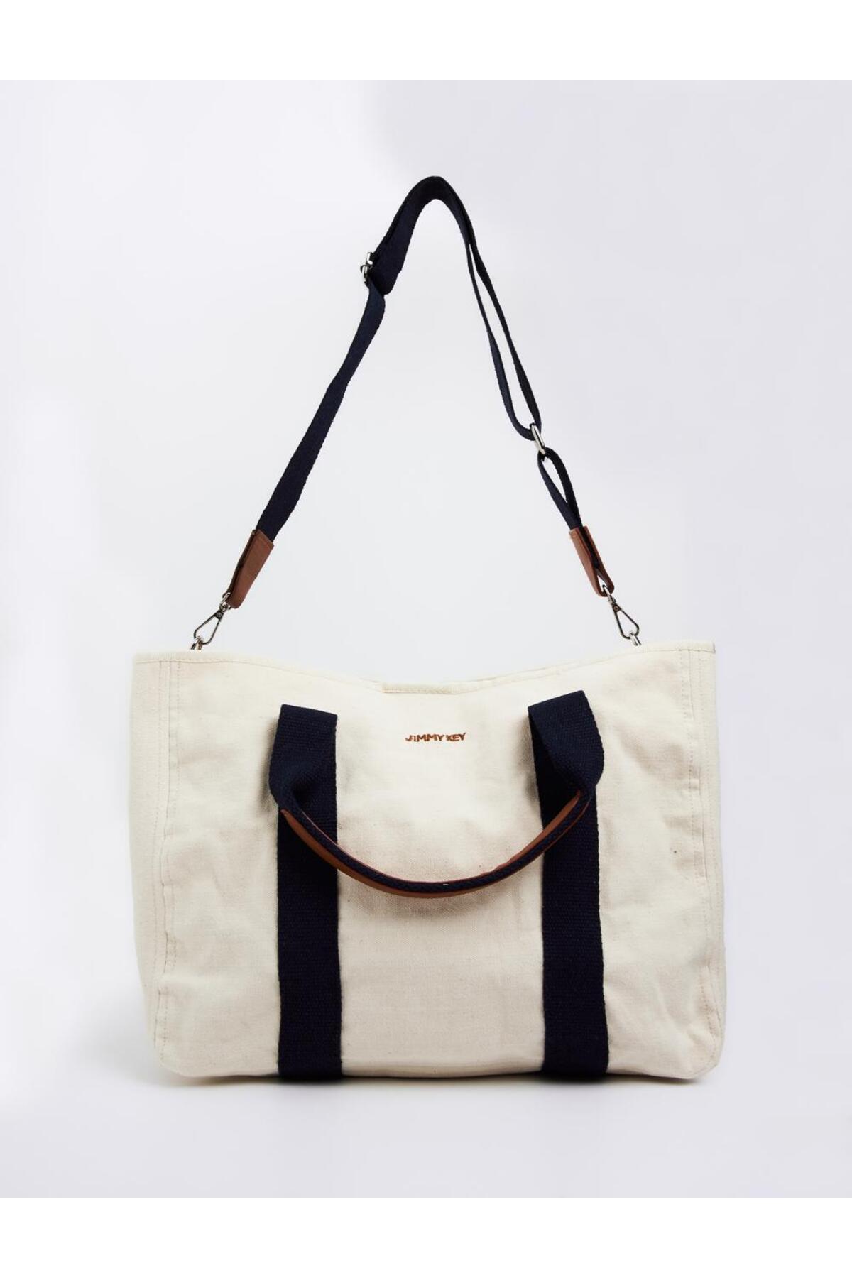 Jimmy Key-Ecru Canvas Hand and Shoulder Bag with Removable Strap Detail 6