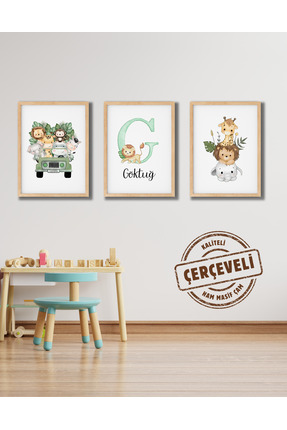 TABLOX Kişiye Özel Ahşap Çerçeveli İsimli 3’lü Bebek Çocuk Odası Tablo Seti H...