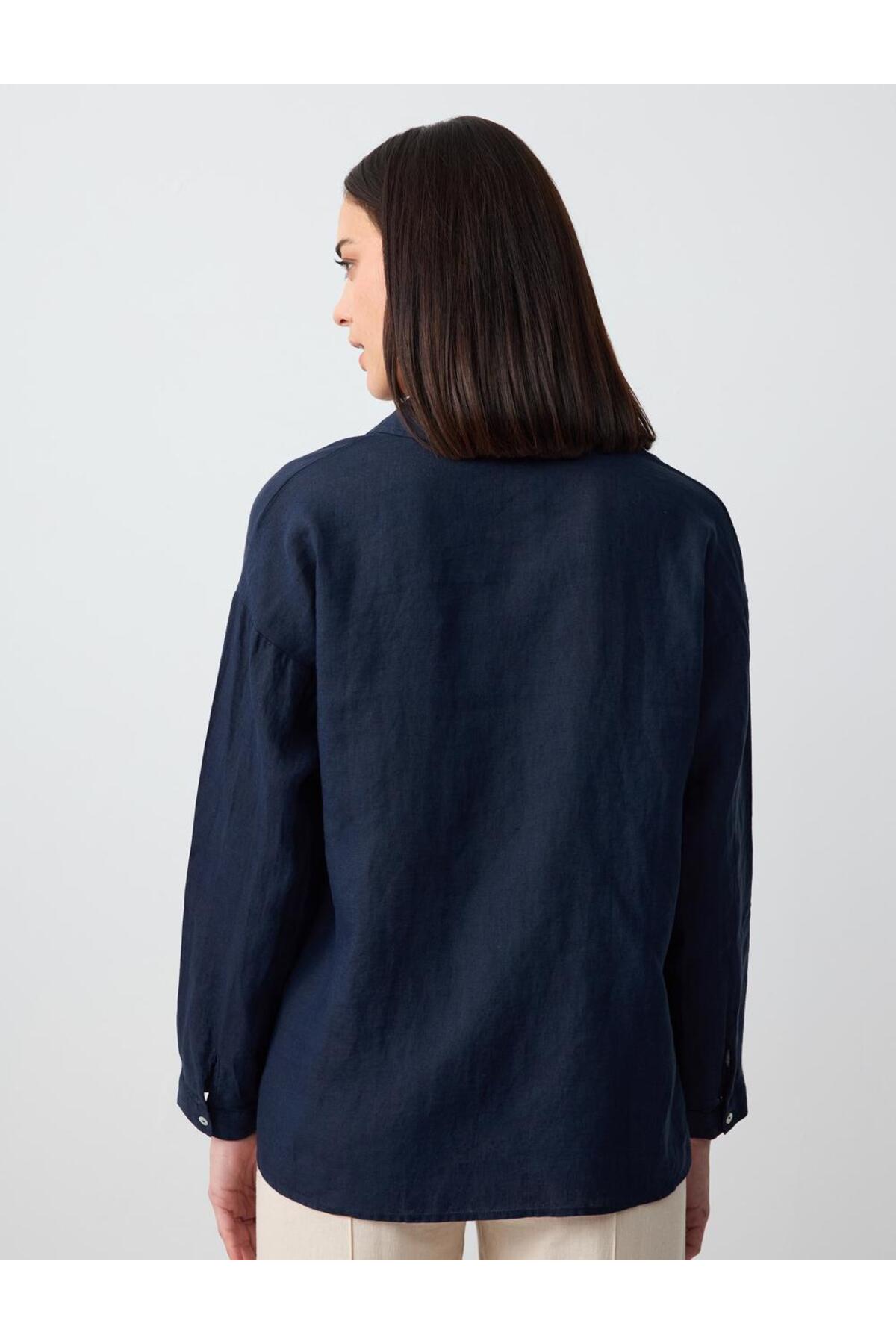 Jimmy Key  Lacivert %100 Keten Uzun Kollu Basic Gömlek - Görsel 6