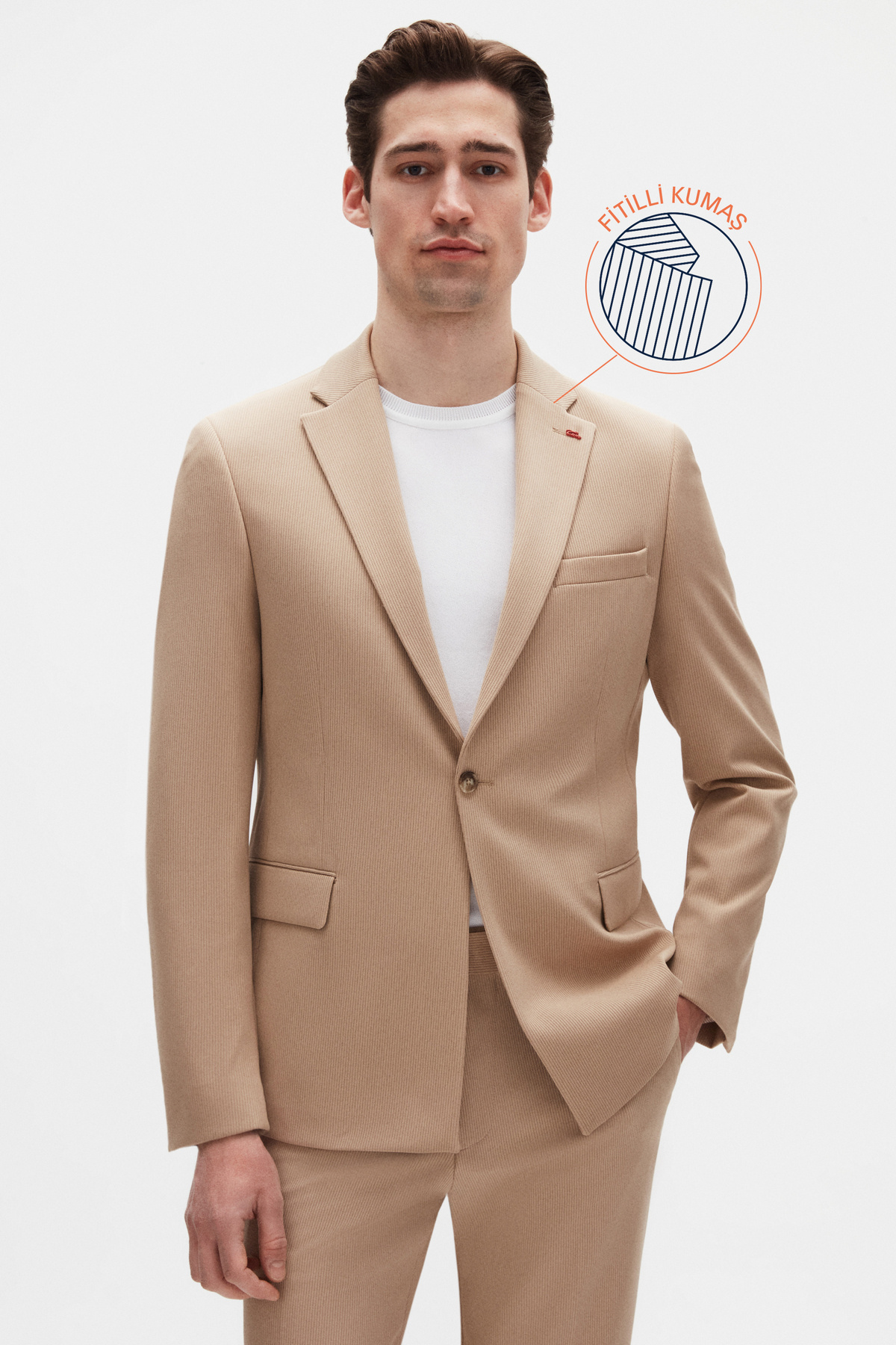 Twn-Costum slim fit bej tricotat cu nervuri 1